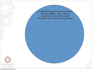 Comportamento Sustentável
Norma ABNT ISO 20121
Sistema de Gestão para
Sustentabilidade em Eventos.
quinta-feira, 25 de julho de 13
 