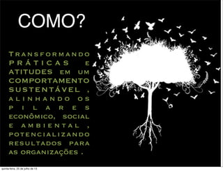 COMO?
Transformando
P R Á T I C A S e
ATITUDES em um
COMPORTAMENTO
SUSTENTÁVEL ,
a l i n h a n d o o s
p i l a r e s
econômico, social
e a m b i e n t a l ,
potencializando
resultados para
as organizações .
quinta-feira, 25 de julho de 13
 