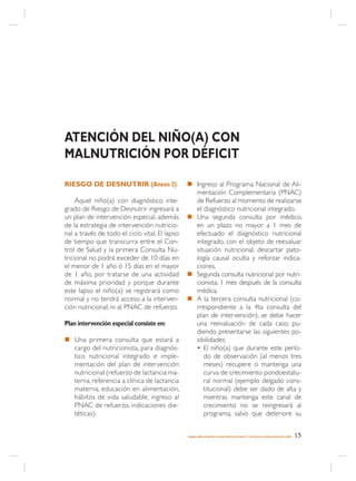 ATENCIÓN DEL NIÑO(A) CON
MALNUTRICIÓN POR DÉFICIT

RIESGO DE DESNUTRIR (Anexo 3)                   n Ingreso al Programa Nacional de Ali-
                                                  mentación Complementaria (PNAC)
     Aquel niño(a) con diagnóstico inte-          de Refuerzo al momento de realizarse
grado de Riesgo de Desnutrir ingresará a          el diagnóstico nutricional integrado.
un plan de intervención especial, además        n Una segunda consulta por médico,
de la estrategia de intervención nutricio-        en un plazo no mayor a 1 mes de
nal a través de todo el ciclo vital. El lapso     efectuado el diagnóstico nutricional
de tiempo que transcurra entre el Con-            integrado, con el objeto de reevaluar
trol de Salud y la primera Consulta Nu-           situación nutricional, descartar pato-
tricional no podrá exceder de 10 días en          logía causal oculta y reforzar indica-
el menor de 1 año ó 15 días en el mayor           ciones.
de 1 año, por tratarse de una actividad         n Segunda consulta nutricional por nutri-
de máxima prioridad y porque durante              cionista, 1 mes después de la consulta
este lapso el niño(a) se registrará como          médica.
normal y no tendrá acceso a la interven-        n A la tercera consulta nutricional (co-
ción nutricional, ni al PNAC de refuerzo.         rrespondiente a la 4ta consulta del
                                                  plan de intervención), se debe hacer
Plan intervención especial consiste en:           una reevaluación de cada caso, pu-
                                                  diendo presentarse las siguientes po-
n Una primera consulta que estará a               sibilidades:
  cargo del nutricionista, para diagnós-          • El niño(a) que durante este perío-
  tico nutricional integrado e imple-                do de observación (al menos tres
  mentación del plan de intervención                 meses) recupere o mantenga una
  nutricional (refuerzo de lactancia ma-             curva de crecimiento pondoestatu-
  terna, referencia a clínica de lactancia           ral normal (ejemplo delgado cons-
  materna, educación en alimentación,                titucional) debe ser dado de alta y
  hábitos de vida saludable, ingreso al              mientras mantenga este canal de
  PNAC de refuerzo, indicaciones die-                crecimiento no se reingresará al
  téticas).                                          programa, salvo que deteriore su


                                                MANEJO AMBULATORIO DE LA MALNUTRICIÓN POR DÉFICIT Y EXCESO EN EL NIÑO(A) MENOR DE 6 AÑOS   15
 