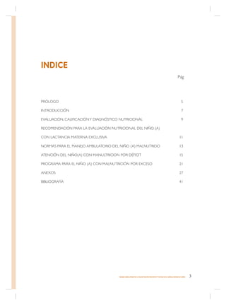 INDICE
                                                                                                                   Pág




PRÓLOGO                                                                                                                 5

INTRODUCCIÓN                                                                                                            7

EVALUACIÓN, CALIFICACIÓN Y DIAGNÓSTICO NUTRICIONAL                                                                      9

RECOMENDACIÓN PARA LA EVALUACIÓN NUTRICIONAL DEL NIÑO (A)

CON LACTANCIA MATERNA EXCLUSIVA                                                                                       11

NORMAS PARA EL MANEJO AMBULATORIO DEL NIÑO (A) MALNUTRIDO                                                             13

ATENCIÓN DEL NIÑO(A) CON MANULTRICION POR DÉFICIT                                                                     15

PROGRAMA PARA EL NIÑO (A) CON MALNUTRICIÓN POR EXCESO                                                                 21

ANEXOS                                                                                                                27

BIBLIOGRAFÍA                                                                                                          41




                                      MANEJO AMBULATORIO DE LA MALNUTRICIÓN POR DÉFICIT Y EXCESO EN EL NIÑO(A) MENOR DE 6 AÑOS   3
 