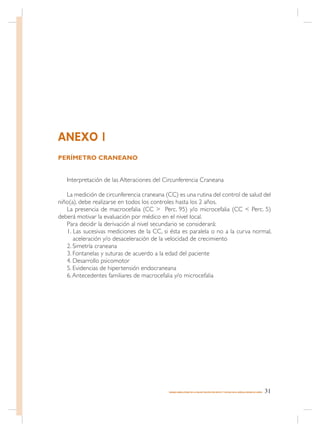 ANEXO 1
PERÍMETRO CRANEANO


   Interpretación de las Alteraciones del Circunferencia Craneana

   La medición de circunferencia craneana (CC) es una rutina del control de salud del
niño(a), debe realizarse en todos los controles hasta los 2 años.
   La presencia de macrocefalia (CC > Perc. 95) y/o microcefalia (CC < Perc. 5)
deberá motivar la evaluación por médico en el nivel local.
   Para decidir la derivación al nivel secundario se considerará:
   1. Las sucesivas mediciones de la CC, si ésta es paralela o no a la curva normal,
      aceleración y/o desaceleración de la velocidad de crecimiento
   2. Simetría craneana
   3. Fontanelas y suturas de acuerdo a la edad del paciente
   4. Desarrollo psicomotor
   5. Evidencias de hipertensión endocraneana
   6. Antecedentes familiares de macrocefalia y/o microcefalia




                                            MANEJO AMBULATORIO DE LA MALNUTRICIÓN POR DÉFICIT Y EXCESO EN EL NIÑO(A) MENOR DE 6 AÑOS   31
 
