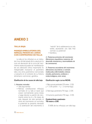 ANEXO 2
TALLA BAJA                                          “estirón” de la adolescencia es más
                                                    tardío, alcanzando una talla final
MANEJO AMBULATORIO DEL                              normal a su potencial
NIÑO(A) MENOR DE 6 AÑOS                           • Genético.
CON COMPROMISO DE TALLA
                                               2.- Trastornos primarios del crecimiento:
     La talla en los niños(as) es un indica-   Alteraciones esqueléticas, trastornos del
dor muy útil del estado de su salud, por lo    desarrollo intrauterino y anormalidades de
cual una desviación de la curva de creci-      los cromosomas.
miento estatural puede ser manifestación
de una alteración clínica importante. Es       3.- Trastornos secundarios del crecimiento:
indispensable incorporar el parámetro          alteraciones secundarias a nutrición
talla a los otros parámetros nutricionales     inadecuada, enfermedades crónicas
y evaluarlo en el contexto de su historia      (renales, pulmonares, cardiacas o
alimentario nutricional y genética.            endocrinológicas, entre otras).

Clasificación de las causas de talla baja:     Clasificación según curvas NCHS:

1.- Variantes normales:                        1.Talla normal: parámetro T/E entre - 2 DS
     • Talla baja familiar                     y + 2 DS (entre - 1 y - 2 normal baja)
     • Retraso constitucional: niños(as)
       normales en su talla al nacer, que      2. Talla baja: parámetro T/E bajo –2 DS
       crecen normalmente varios meses
       y luego desvían su patrón de creci-     3. Enanismo: parámetro T/E bajo –3 DS
       miento entre los 6 y 36 meses de
       vida, después de este periodo el        Conducta frente a parámetro
       ritmo de crecimiento se normaliza,      T/E menor a –2 DS:
       la pubertad se presenta retrasada
       y la aceleración del crecimiento o         El 80% de los niños(as) con talla baja


32   NORMA / MINSAL 2005
 