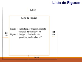Lista de Figuras
2,5
cm
2,5 cm
2,5
cm
2,5 cm
Lista de Figuras
Figura 1. Perdidas por fricción, medida
Pulgada de diámetro. 35
Figura 2. Longitud Equivalente a
pérdidas localizadas. 47
 