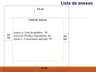 Lista de anexos
2,5
cm
2,5 cm
2,5
cm
2,5 cm
Lista de Anexos
Anexo A. Lista de palabras 30
Anexo B. Pruebas matemáticas 60
Anexo C. Cuestionario aplicado 70
 