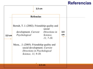 Referencias
2,5 cm
2,5 cm
2,5
cm
2,5 cm
Refencias
Berndt, T. J. (2002). Friendship quality and
social
development. Current Directions in
Psychological Science,
11, 7-10.
Meza, . J. (2005). Friendship quality and
social development. Current
Directions in Psychological
Science, 11, 9-10.
 