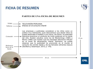 FICHA DE RESUMEN
PARTES DE UNA FICHA DE RESUMEN
Contenido
20 cm
15 cm
TELEVISIÓN PERUANA
Efectos en el consumo infantil
Las empresas y publicistas consideran a los niños como un
público muy interesante, pues descubrieron que desde niños se
puede desarrollar la lealtad a una marca. De hecho, la publicidad
televisiva posiciona un producto de modo poderoso en la mente
del niño. Existen estudios como los de Mardomingo (1984) y
Morón (1995) que revelan que los mensajes televisivos influyen
en el modo de alimentación infantil. Asimismo, se puede
observar que la publicidad ha promovido en el mundo el
consumo de comida rápida y de los llamados alimentos basura
(Sevillano y Sotomayor, 2012, p. 178).
TEMA
Subtema
Referencia
breve de la
fuente
 