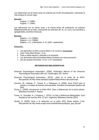 Mgtr. Oscar López Regalado --- www.ctaactividades.blogspot.com


Las referencias con el mismo autor se ordenan por el año de publicación, colocando la
más antigua en primer lugar.

Ejemplo:
      Hughes, T. (1989).
      Hughes, T. (1994).

Las referencias con el mismo autor y la misma fecha de publicación se ordenan
alfabéticamente por el título, excluyendo los artículos (El, la, un, una y sus plurales) y
agregándoles una letra minúscula

Ejemplo:
      Degano, J. A. (1999a).
      Degano, J. A. (1999b).
      Degano, J. A., y Manasseri, A. R. (2001, septiembre).

Aclaración:

   •   Los elementos en letra cursiva deben ir en cursiva o subrayados
   •   Letra Times New Roman, 12 pt
   •   Texto a doble espacio y alineado a la izquierda
   •   Los elementos entre [corchetes] deben anotarse con esta puntuación
   •   Uso de sangría (Francesa 1,4 cm. o 5-7 caracteres)


                          REFERENCIAS BIBLIOGRÁFICAS


American Psychological Association. (2009). Publication Manual of the American
     Psychological Association (6th ed.). Washington, DC: Author.

American Psychological Association. (2010). ¿Qué es el estilo de la APA?.
     Recuperado de http://www.apastyle.org/learn/faqs/what-is-apa-style.aspx

Carneiro, M., Cépeda, P., Tavera, E. y Velásquez, H. (2009). Guía PUCP para el
       registro y el citado de fuentes documentales. Pontificia Universidad Católica del
       Perú.
Flores, F. (2009). Introducción al Estilo APA: Citas y Referencias de la sexta edición.
      Biblioteca Conrado F. Asenjo.

Torres, S., González, A. y Vavilova, I. (2010). La Cita y Referencia Bibliográfica: Guía
     basada en las normas APA. (2a ed.). Argentina: Biblioteca Central UCES.

Zavala, S. (2009). Guía a la redacción en el estilo APA, Sexta edición. Lima:
     Recuperado de http://www.suagm.edu/umet/biblioteca/pdf/guia_apa_6ta.pdf




                                                                                           22
 