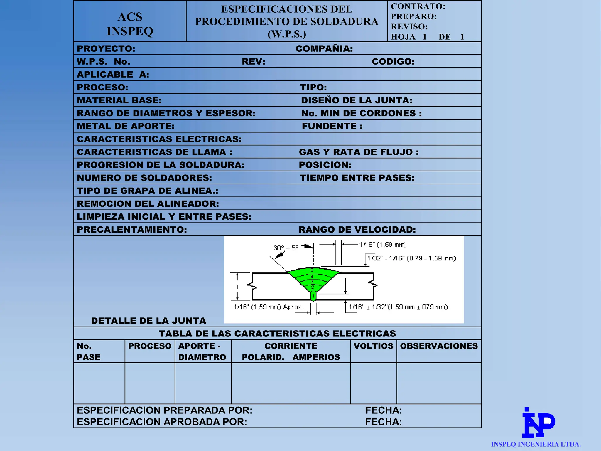 ACS
INSPEQ
ESPECIFICACIONES DEL
PROCEDIMIENTO DE SOLDADURA
(W.P.S.)
CONTRATO:
PREPARO:
REVISO:
HOJA 1 DE 1
PROYECTO: COMPAÑIA:
W.P.S. No. REV: CODIGO:
APLICABLE A:
PROCESO: TIPO:
MATERIAL BASE: DISEÑO DE LA JUNTA:
RANGO DE DIAMETROS Y ESPESOR: No. MIN DE CORDONES :
METAL DE APORTE: FUNDENTE :
CARACTERISTICAS ELECTRICAS:
CARACTERISTICAS DE LLAMA : GAS Y RATA DE FLUJO :
PROGRESION DE LA SOLDADURA: POSICION:
NUMERO DE SOLDADORES: TIEMPO ENTRE PASES:
TIPO DE GRAPA DE ALINEA.:
REMOCION DEL ALINEADOR:
LIMPIEZA INICIAL Y ENTRE PASES:
PRECALENTAMIENTO: RANGO DE VELOCIDAD:
DETALLE DE LA JUNTA
TABLA DE LAS CARACTERISTICAS ELECTRICAS
No.
PASE
PROCESO APORTE -
DIAMETRO
CORRIENTE
POLARID. AMPERIOS
VOLTIOS OBSERVACIONES
ESPECIFICACION PREPARADA POR: FECHA:
ESPECIFICACION APROBADA POR: FECHA:
INSPEQ INGENIERIA LTDA.
 