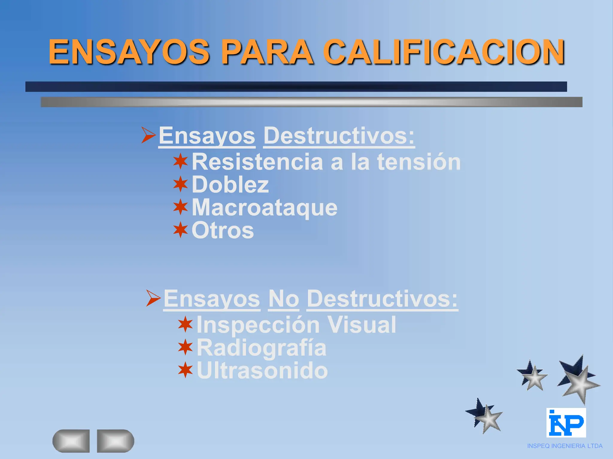 ENSAYOS PARA CALIFICACION
Ensayos Destructivos:
Resistencia a la tensión
Doblez
Macroataque
Otros
Ensayos No Destructivos:
Inspección Visual
Radiografía
Ultrasonido
INSPEQ INGENIERIA LTDA
 