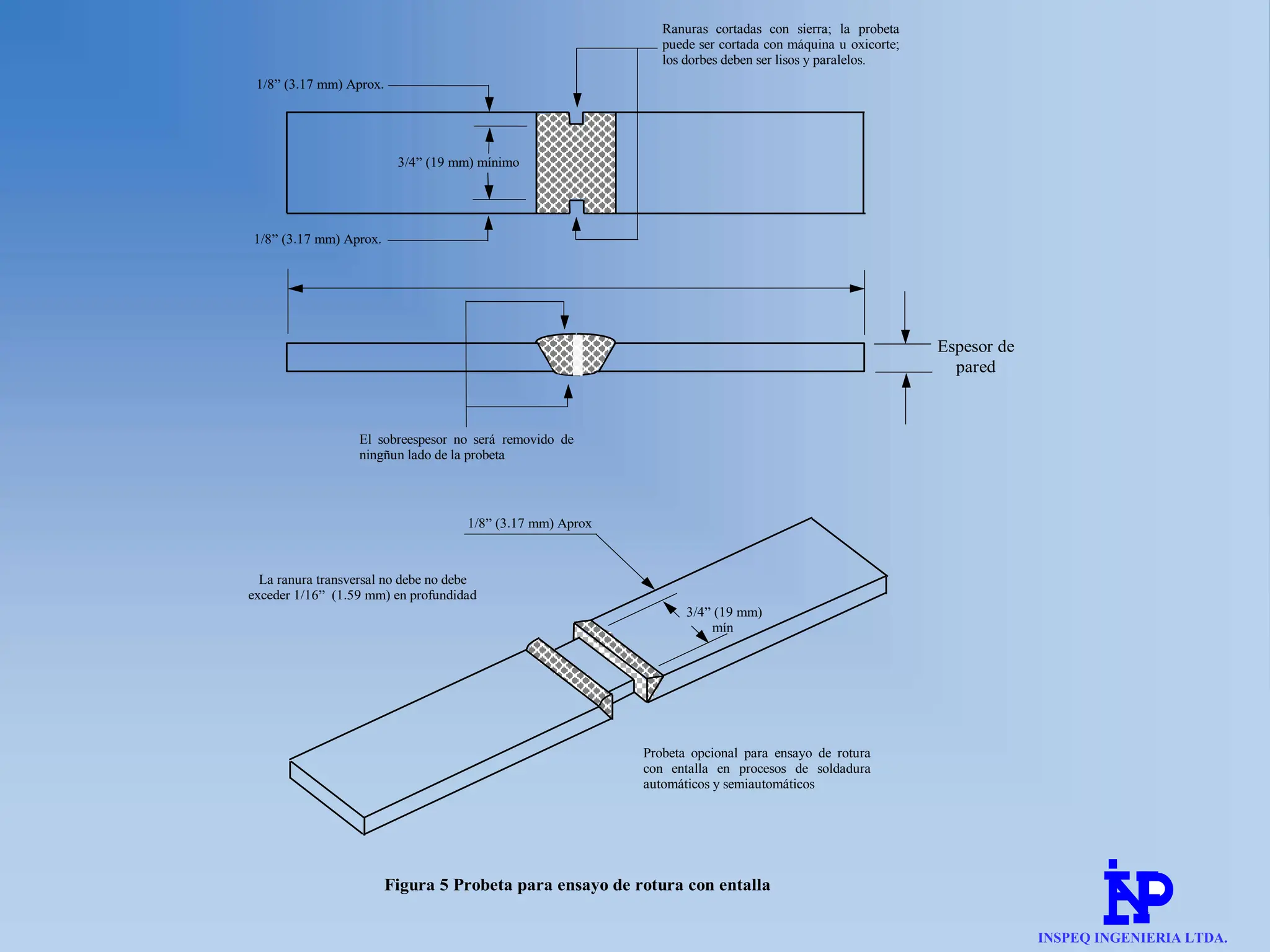 1/8” (3.17 mm) Aprox.
1/8” (3.17 mm) Aprox.
3/4” (19 mm) mínimo
Ranuras cortadas con sierra; la probeta
puede ser cortada con máquina u oxicorte;
los dorbes deben ser lisos y paralelos.
El sobreespesor no será removido de
ningñun lado de la probeta
Espesor de
pared
La ranura transversal no debe no debe
exceder 1/16” (1.59 mm) en profundidad
1/8” (3.17 mm) Aprox
3/4” (19 mm)
mín
Probeta opcional para ensayo de rotura
con entalla en procesos de soldadura
automáticos y semiautomáticos
Figura 5 Probeta para ensayo de rotura con entalla
INSPEQ INGENIERIA LTDA.
 