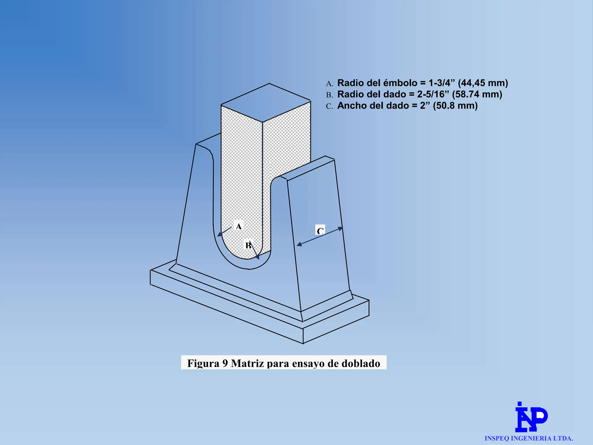 A
B
C
Figura 9 Matriz para ensayo de doblado
guiado
A. Radio del émbolo = 1-3/4” (44,45 mm)
B. Radio del dado = 2-5/16” (58.74 mm)
C. Ancho del dado = 2” (50.8 mm)
INSPEQ INGENIERIA LTDA.
 
