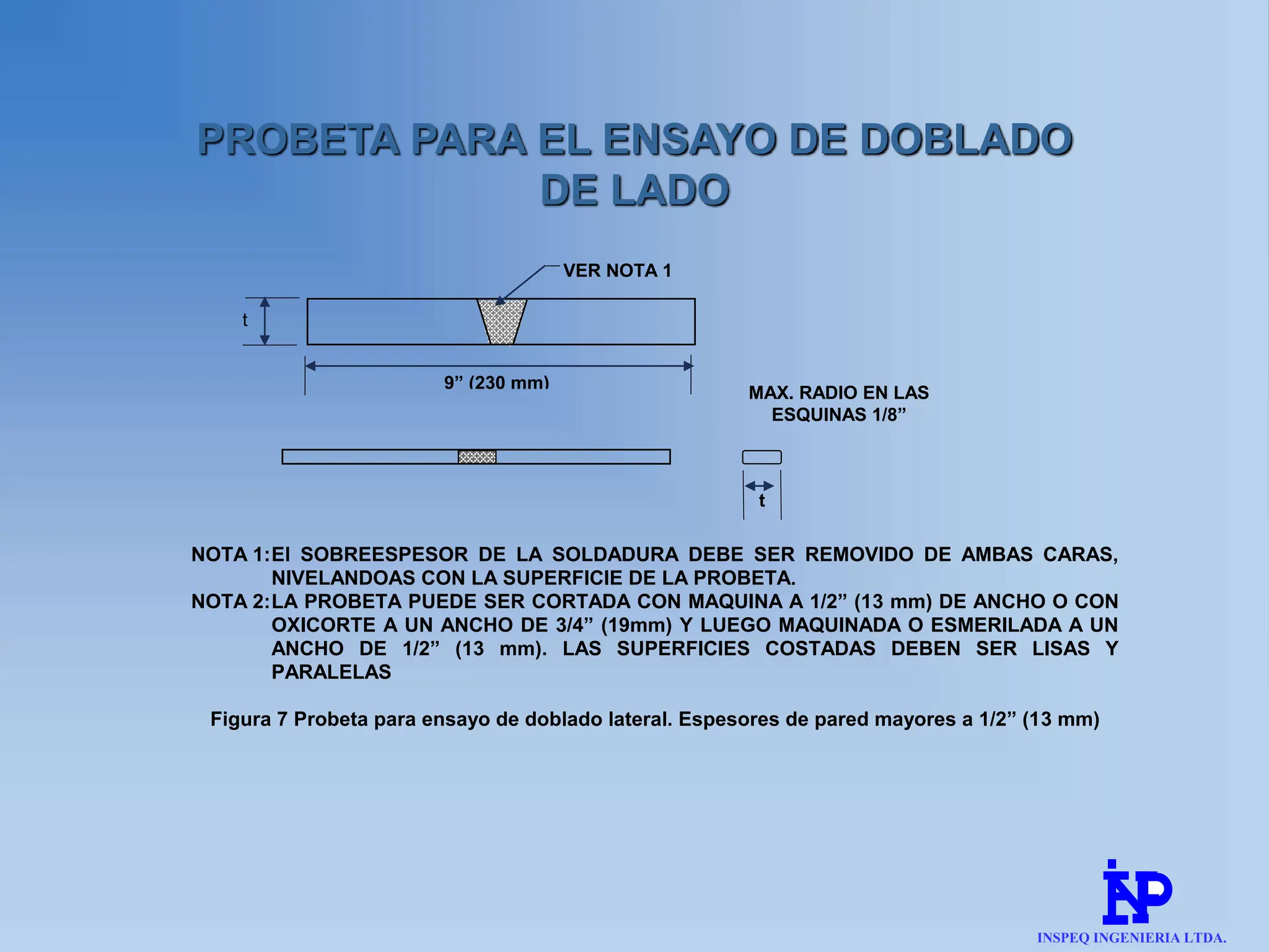 PROBETA PARA EL ENSAYO DE DOBLADO
DE LADO
VER NOTA 1
9” (230 mm)
Aprox.
t
t
MAX. RADIO EN LAS
ESQUINAS 1/8”
NOTA 1:El SOBREESPESOR DE LA SOLDADURA DEBE SER REMOVIDO DE AMBAS CARAS,
NIVELANDOAS CON LA SUPERFICIE DE LA PROBETA.
NOTA 2:LA PROBETA PUEDE SER CORTADA CON MAQUINA A 1/2” (13 mm) DE ANCHO O CON
OXICORTE A UN ANCHO DE 3/4” (19mm) Y LUEGO MAQUINADA O ESMERILADA A UN
ANCHO DE 1/2” (13 mm). LAS SUPERFICIES COSTADAS DEBEN SER LISAS Y
PARALELAS
Figura 7 Probeta para ensayo de doblado lateral. Espesores de pared mayores a 1/2” (13 mm)
INSPEQ INGENIERIA LTDA.
 