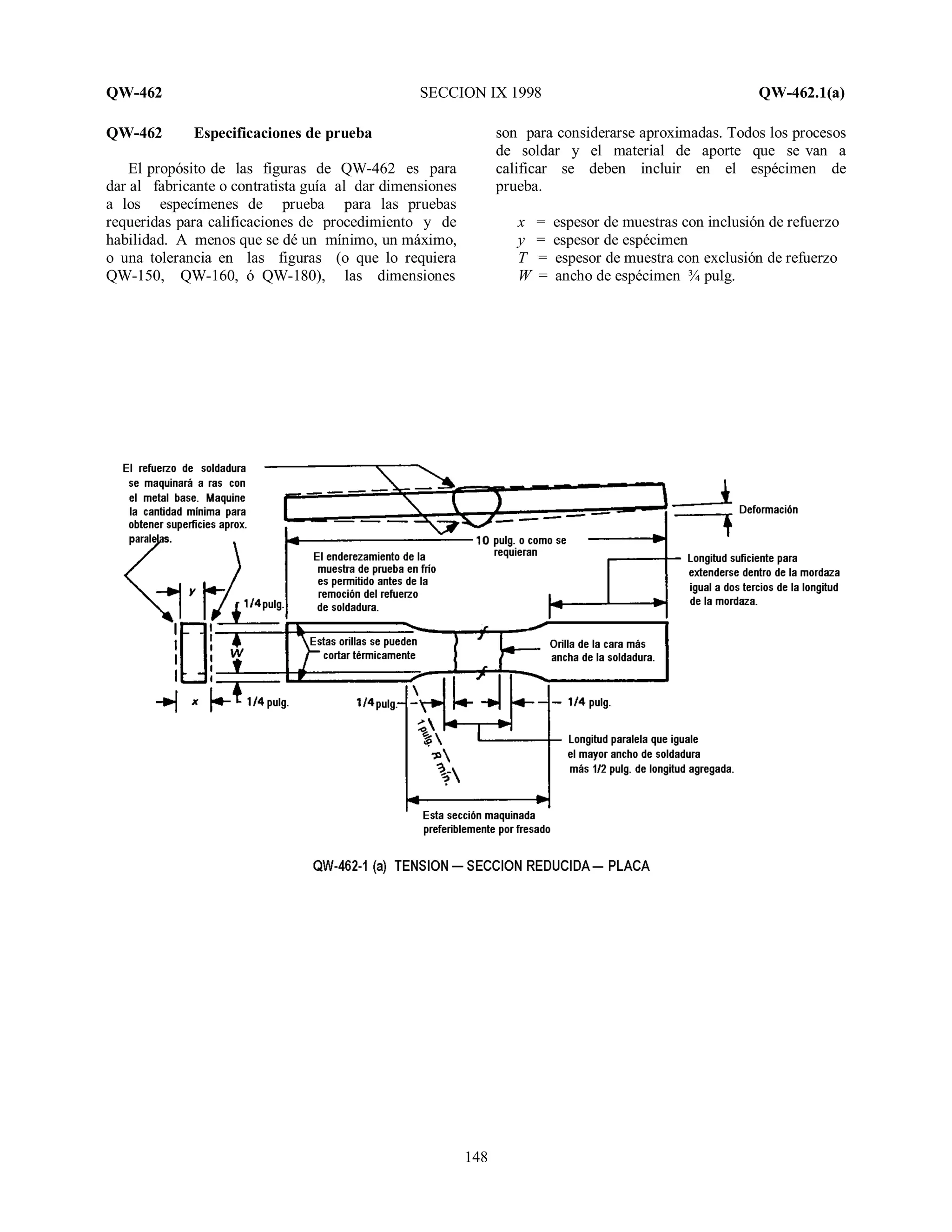 QW-462 SECCION IX 1998 QW-462.1(a)
148
QW-462 Especificaciones de prueba
El propósito de las figuras de QW-462 es para
dar al fabricante o contratista guía al dar dimensiones
a los especímenes de prueba para las pruebas
requeridas para calificaciones de procedimiento y de
habilidad. A menos que se dé un mínimo, un máximo,
o una tolerancia en las figuras (o que lo requiera
QW-150, QW-160, ó QW-180), las dimensiones
son para considerarse aproximadas. Todos los procesos
de soldar y el material de aporte que se van a
calificar se deben incluir en el espécimen de
prueba.
x = espesor de muestras con inclusión de refuerzo
y = espesor de espécimen
T = espesor de muestra con exclusión de refuerzo
W = ancho de espécimen ¾ pulg.
 