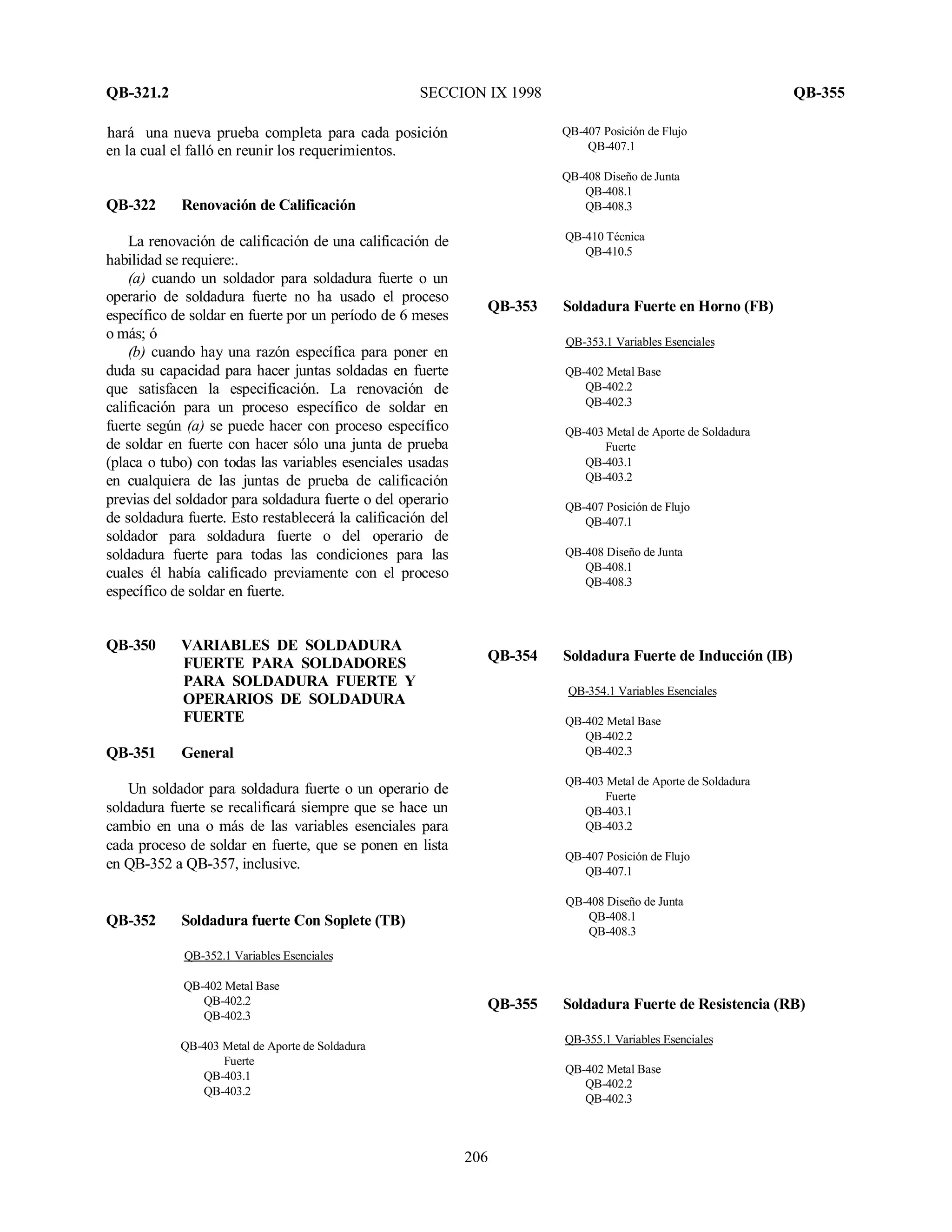 QB-321.2 SECCION IX 1998 QB-355
206
hará una nueva prueba completa para cada posición
en la cual el falló en reunir los requerimientos.
QB-322 Renovación de Calificación
La renovación de calificación de una calificación de
habilidad se requiere:.
(a) cuando un soldador para soldadura fuerte o un
operario de soldadura fuerte no ha usado el proceso
específico de soldar en fuerte por un período de 6 meses
o más; ó
(b) cuando hay una razón específica para poner en
duda su capacidad para hacer juntas soldadas en fuerte
que satisfacen la especificación. La renovación de
calificación para un proceso específico de soldar en
fuerte según (a) se puede hacer con proceso específico
de soldar en fuerte con hacer sólo una junta de prueba
(placa o tubo) con todas las variables esenciales usadas
en cualquiera de las juntas de prueba de calificación
previas del soldador para soldadura fuerte o del operario
de soldadura fuerte. Esto restablecerá la calificación del
soldador para soldadura fuerte o del operario de
soldadura fuerte para todas las condiciones para las
cuales él había calificado previamente con el proceso
específico de soldar en fuerte.
QB-350 VARIABLES DE SOLDADURA
FUERTE PARA SOLDADORES
PARA SOLDADURA FUERTE Y
OPERARIOS DE SOLDADURA
FUERTE
QB-351 General
Un soldador para soldadura fuerte o un operario de
soldadura fuerte se recalificará siempre que se hace un
cambio en una o más de las variables esenciales para
cada proceso de soldar en fuerte, que se ponen en lista
en QB-352 a QB-357, inclusive.
QB-352 Soldadura fuerte Con Soplete (TB)
QB-352.1 Variables Esenciales
QB-402 Metal Base
QB-402.2
QB-402.3
QB-403 Metal de Aporte de Soldadura
Fuerte
QB-403.1
QB-403.2
QB-407 Posición de Flujo
QB-407.1
QB-408 Diseño de Junta
QB-408.1
QB-408.3
QB-410 Técnica
QB-410.5
QB-353 Soldadura Fuerte en Horno (FB)
QB-353.1 Variables Esenciales
QB-402 Metal Base
QB-402.2
QB-402.3
QB-403 Metal de Aporte de Soldadura
Fuerte
QB-403.1
QB-403.2
QB-407 Posición de Flujo
QB-407.1
QB-408 Diseño de Junta
QB-408.1
QB-408.3
QB-354 Soldadura Fuerte de Inducción (IB)
QB-354.1 Variables Esenciales
QB-402 Metal Base
QB-402.2
QB-402.3
QB-403 Metal de Aporte de Soldadura
Fuerte
QB-403.1
QB-403.2
QB-407 Posición de Flujo
QB-407.1
QB-408 Diseño de Junta
QB-408.1
QB-408.3
QB-355 Soldadura Fuerte de Resistencia (RB)
QB-355.1 Variables Esenciales
QB-402 Metal Base
QB-402.2
QB-402.3
 