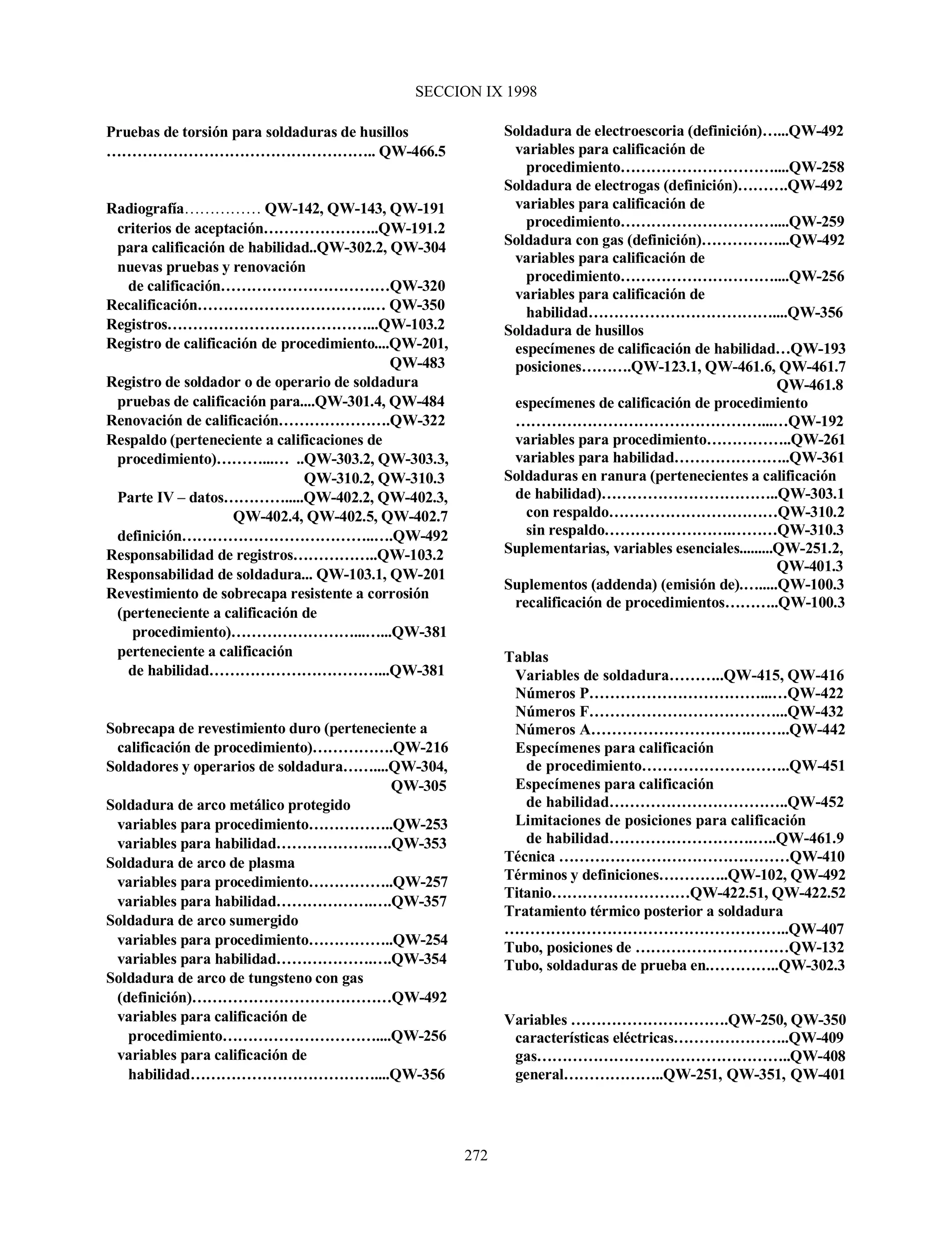 SECCION IX 1998
272
Pruebas de torsión para soldaduras de husillos
…………………………………………….. QW-466.5
Radiografía…………… QW-142, QW-143, QW-191
criterios de aceptación…………………..QW-191.2
para calificación de habilidad..QW-302.2, QW-304
nuevas pruebas y renovación
de calificación……………………………QW-320
Recalificación…………………………….… QW-350
Registros…………………………………...QW-103.2
Registro de calificación de procedimiento....QW-201,
QW-483
Registro de soldador o de operario de soldadura
pruebas de calificación para....QW-301.4, QW-484
Renovación de calificación………………….QW-322
Respaldo (perteneciente a calificaciones de
procedimiento)………...… ..QW-303.2, QW-303.3,
QW-310.2, QW-310.3
Parte IV – datos………….....QW-402.2, QW-402.3,
QW-402.4, QW-402.5, QW-402.7
definición………………………………..….QW-492
Responsabilidad de registros……………..QW-103.2
Responsabilidad de soldadura... QW-103.1, QW-201
Revestimiento de sobrecapa resistente a corrosión
(perteneciente a calificación de
procedimiento)……………………...…...QW-381
perteneciente a calificación
de habilidad……………………………...QW-381
Sobrecapa de revestimiento duro (perteneciente a
calificación de procedimiento)…………….QW-216
Soldadores y operarios de soldadura……....QW-304,
QW-305
Soldadura de arco metálico protegido
variables para procedimiento……………..QW-253
variables para habilidad……………….….QW-353
Soldadura de arco de plasma
variables para procedimiento……………..QW-257
variables para habilidad……………….….QW-357
Soldadura de arco sumergido
variables para procedimiento……………..QW-254
variables para habilidad……………….….QW-354
Soldadura de arco de tungsteno con gas
(definición)…………………………………QW-492
variables para calificación de
procedimiento…………………………....QW-256
variables para calificación de
habilidad………………………………....QW-356
Soldadura de electroescoria (definición)…...QW-492
variables para calificación de
procedimiento…………………………....QW-258
Soldadura de electrogas (definición)……….QW-492
variables para calificación de
procedimiento…………………………....QW-259
Soldadura con gas (definición)……………...QW-492
variables para calificación de
procedimiento…………………………....QW-256
variables para calificación de
habilidad………………………………....QW-356
Soldadura de husillos
especímenes de calificación de habilidad…QW-193
posiciones……….QW-123.1, QW-461.6, QW-461.7
QW-461.8
especímenes de calificación de procedimiento
…………………………………………...…QW-192
variables para procedimiento……………..QW-261
variables para habilidad…………………..QW-361
Soldaduras en ranura (pertenecientes a calificación
de habilidad)……………………………..QW-303.1
con respaldo……………………………QW-310.2
sin respaldo…………………….………QW-310.3
Suplementarias, variables esenciales.........QW-251.2,
QW-401.3
Suplementos (addenda) (emisión de).….....QW-100.3
recalificación de procedimientos………..QW-100.3
Tablas
Variables de soldadura………..QW-415, QW-416
Números P……………………………...…QW-422
Números F………………………………...QW-432
Números A………………………….……..QW-442
Especímenes para calificación
de procedimiento………………………..QW-451
Especímenes para calificación
de habilidad……………………………..QW-452
Limitaciones de posiciones para calificación
de habilidad……………………….…..QW-461.9
Técnica ………………………………………QW-410
Términos y definiciones…………..QW-102, QW-492
Titanio………………………QW-422.51, QW-422.52
Tratamiento térmico posterior a soldadura
………………………………………………..QW-407
Tubo, posiciones de …………………………QW-132
Tubo, soldaduras de prueba en.…………..QW-302.3
Variables ………………………….QW-250, QW-350
características eléctricas…………………..QW-409
gas…………………………………………..QW-408
general………………..QW-251, QW-351, QW-401
 