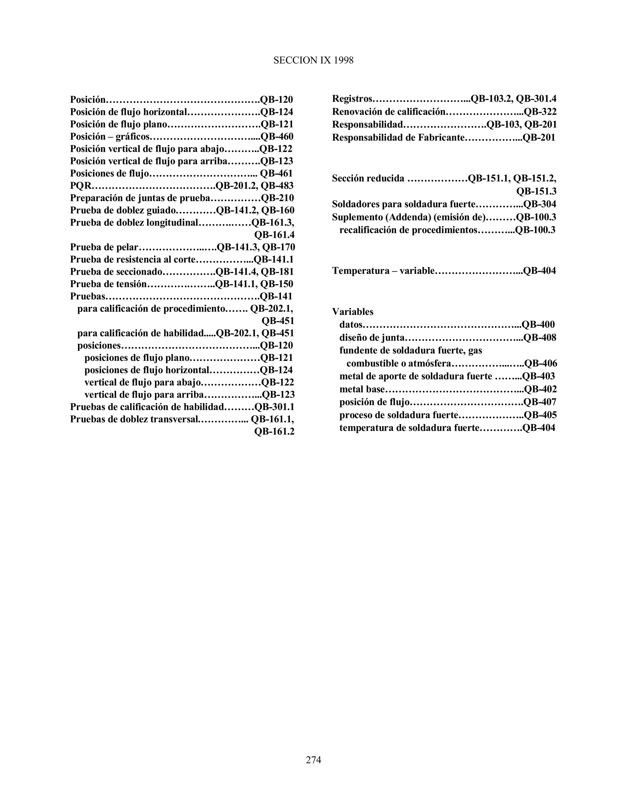 SECCION IX 1998
274
Posición……………………………………….QB-120
Posición de flujo horizontal………………….QB-124
Posición de flujo plano……………………….QB-121
Posición – gráficos…………………………....QB-460
Posición vertical de flujo para abajo………..QB-122
Posición vertical de flujo para arriba……….QB-123
Posiciones de flujo…………………………... QB-461
PQR……………………………….QB-201.2, QB-483
Preparación de juntas de prueba……………QB-210
Prueba de doblez guiado…………QB-141.2, QB-160
Prueba de doblez longitudinal……….……QB-161.3,
QB-161.4
Prueba de pelar………………..….QB-141.3, QB-170
Prueba de resistencia al corte……………...QB-141.1
Prueba de seccionado…………….QB-141.4, QB-181
Prueba de tensión………….……..QB-141.1, QB-150
Pruebas……………………………………….QB-141
para calificación de procedimiento……. QB-202.1,
QB-451
para calificación de habilidad.....QB-202.1, QB-451
posiciones…………………………………...QB-120
posiciones de flujo plano…………………QB-121
posiciones de flujo horizontal……………QB-124
vertical de flujo para abajo………………QB-122
vertical de flujo para arriba……………...QB-123
Pruebas de calificación de habilidad………QB-301.1
Pruebas de doblez transversal.…………... QB-161.1,
QB-161.2
Registros………………………...QB-103.2, QB-301.4
Renovación de calificación…………………...QB-322
Responsabilidad…………………….QB-103, QB-201
Responsabilidad de Fabricante……………...QB-201
Sección reducida ………………QB-151.1, QB-151.2,
QB-151.3
Soldadores para soldadura fuerte…………...QB-304
Suplemento (Addenda) (emisión de)………QB-100.3
recalificación de procedimientos………...QB-100.3
Temperatura – variable……………………...QB-404
Variables
datos………………………………………...QB-400
diseño de junta……………………………...QB-408
fundente de soldadura fuerte, gas
combustible o atmósfera……………...…..QB-406
metal de aporte de soldadura fuerte ……...QB-403
metal base…………………………………...QB-402
posición de flujo…………………………….QB-407
proceso de soldadura fuerte………………..QB-405
temperatura de soldadura fuerte………….QB-404
 