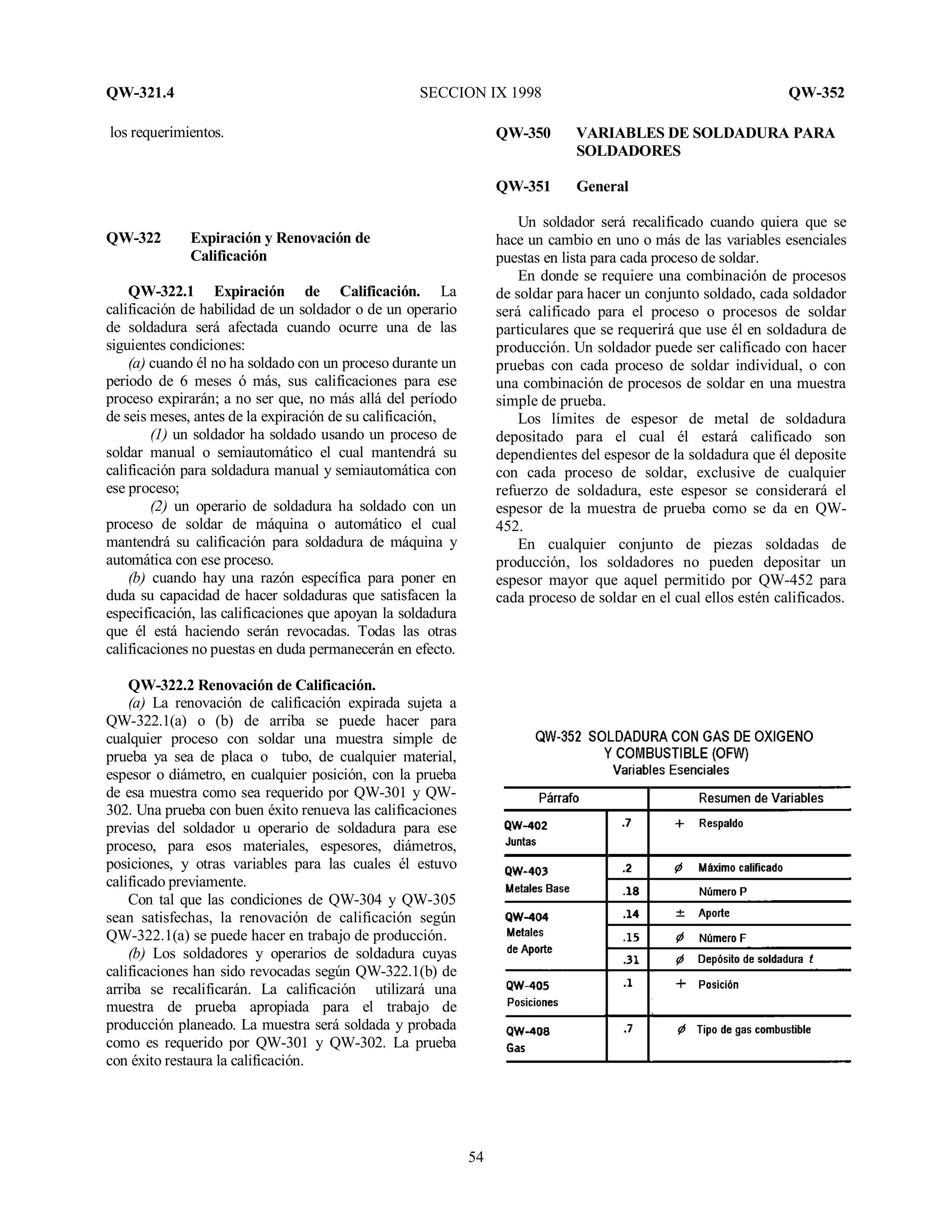 QW-321.4 SECCION IX 1998 QW-352
54
los requerimientos.
QW-322 Expiración y Renovación de
Calificación
QW-322.1 Expiración de Calificación. La
calificación de habilidad de un soldador o de un operario
de soldadura será afectada cuando ocurre una de las
siguientes condiciones:
(a) cuando él no ha soldado con un proceso durante un
periodo de 6 meses ó más, sus calificaciones para ese
proceso expirarán; a no ser que, no más allá del período
de seis meses, antes de la expiración de su calificación,
(1) un soldador ha soldado usando un proceso de
soldar manual o semiautomático el cual mantendrá su
calificación para soldadura manual y semiautomática con
ese proceso;
(2) un operario de soldadura ha soldado con un
proceso de soldar de máquina o automático el cual
mantendrá su calificación para soldadura de máquina y
automática con ese proceso.
(b) cuando hay una razón específica para poner en
duda su capacidad de hacer soldaduras que satisfacen la
especificación, las calificaciones que apoyan la soldadura
que él está haciendo serán revocadas. Todas las otras
calificaciones no puestas en duda permanecerán en efecto.
QW-322.2 Renovación de Calificación.
(a) La renovación de calificación expirada sujeta a
QW-322.1(a) o (b) de arriba se puede hacer para
cualquier proceso con soldar una muestra simple de
prueba ya sea de placa o tubo, de cualquier material,
espesor o diámetro, en cualquier posición, con la prueba
de esa muestra como sea requerido por QW-301 y QW-
302. Una prueba con buen éxito renueva las calificaciones
previas del soldador u operario de soldadura para ese
proceso, para esos materiales, espesores, diámetros,
posiciones, y otras variables para las cuales él estuvo
calificado previamente.
Con tal que las condiciones de QW-304 y QW-305
sean satisfechas, la renovación de calificación según
QW-322.1(a) se puede hacer en trabajo de producción.
(b) Los soldadores y operarios de soldadura cuyas
calificaciones han sido revocadas según QW-322.1(b) de
arriba se recalificarán. La calificación utilizará una
muestra de prueba apropiada para el trabajo de
producción planeado. La muestra será soldada y probada
como es requerido por QW-301 y QW-302. La prueba
con éxito restaura la calificación.
QW-350 VARIABLES DE SOLDADURA PARA
SOLDADORES
QW-351 General
Un soldador será recalificado cuando quiera que se
hace un cambio en uno o más de las variables esenciales
puestas en lista para cada proceso de soldar.
En donde se requiere una combinación de procesos
de soldar para hacer un conjunto soldado, cada soldador
será calificado para el proceso o procesos de soldar
particulares que se requerirá que use él en soldadura de
producción. Un soldador puede ser calificado con hacer
pruebas con cada proceso de soldar individual, o con
una combinación de procesos de soldar en una muestra
simple de prueba.
Los límites de espesor de metal de soldadura
depositado para el cual él estará calificado son
dependientes del espesor de la soldadura que él deposite
con cada proceso de soldar, exclusive de cualquier
refuerzo de soldadura, este espesor se considerará el
espesor de la muestra de prueba como se da en QW-
452.
En cualquier conjunto de piezas soldadas de
producción, los soldadores no pueden depositar un
espesor mayor que aquel permitido por QW-452 para
cada proceso de soldar en el cual ellos estén calificados.
 