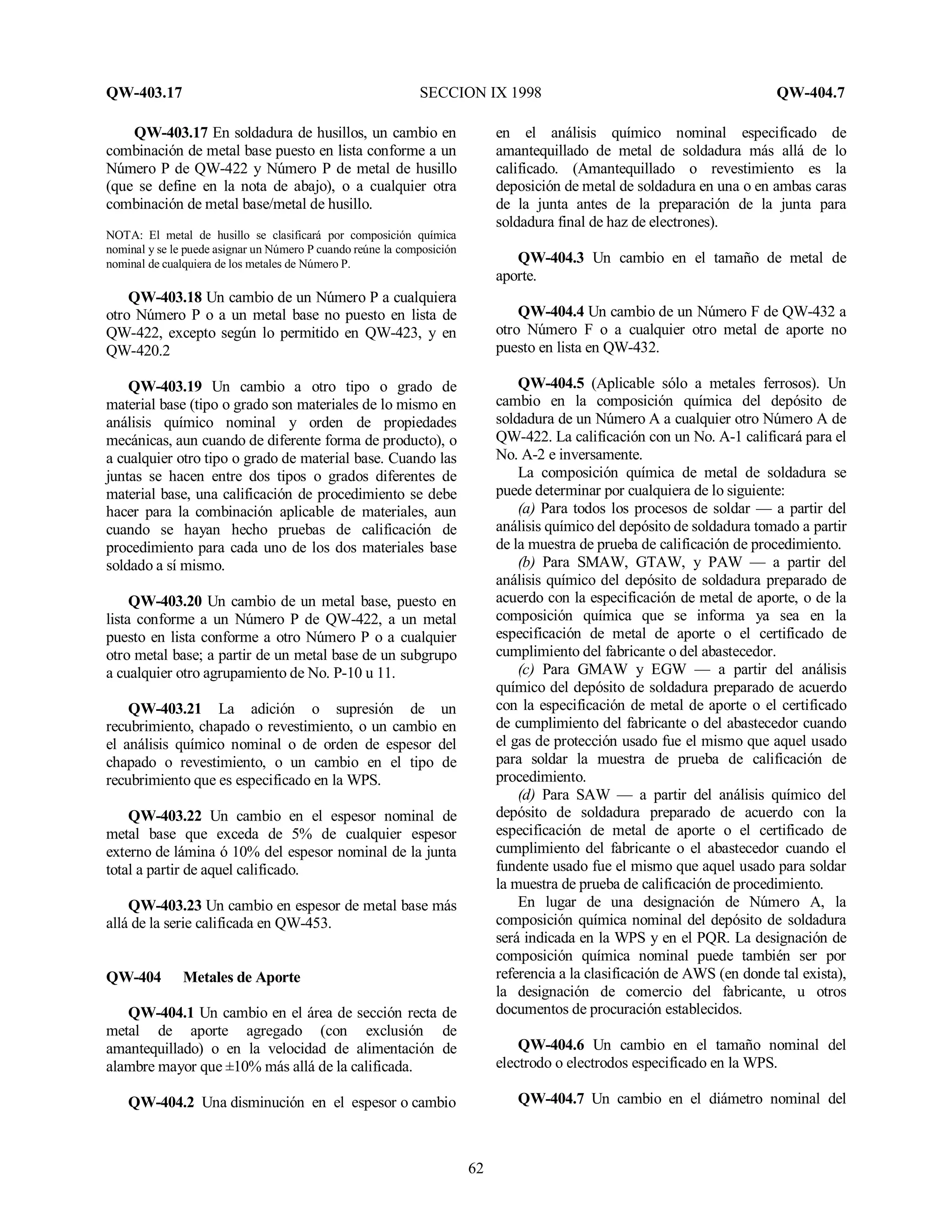 QW-403.17 SECCION IX 1998 QW-404.7
62
QW-403.17 En soldadura de husillos, un cambio en
combinación de metal base puesto en lista conforme a un
Número P de QW-422 y Número P de metal de husillo
(que se define en la nota de abajo), o a cualquier otra
combinación de metal base/metal de husillo.
NOTA: El metal de husillo se clasificará por composición química
nominal y se le puede asignar un Número P cuando reúne la composición
nominal de cualquiera de los metales de Número P.
QW-403.18 Un cambio de un Número P a cualquiera
otro Número P o a un metal base no puesto en lista de
QW-422, excepto según lo permitido en QW-423, y en
QW-420.2
QW-403.19 Un cambio a otro tipo o grado de
material base (tipo o grado son materiales de lo mismo en
análisis químico nominal y orden de propiedades
mecánicas, aun cuando de diferente forma de producto), o
a cualquier otro tipo o grado de material base. Cuando las
juntas se hacen entre dos tipos o grados diferentes de
material base, una calificación de procedimiento se debe
hacer para la combinación aplicable de materiales, aun
cuando se hayan hecho pruebas de calificación de
procedimiento para cada uno de los dos materiales base
soldado a sí mismo.
QW-403.20 Un cambio de un metal base, puesto en
lista conforme a un Número P de QW-422, a un metal
puesto en lista conforme a otro Número P o a cualquier
otro metal base; a partir de un metal base de un subgrupo
a cualquier otro agrupamiento de No. P-10 u 11.
QW-403.21 La adición o supresión de un
recubrimiento, chapado o revestimiento, o un cambio en
el análisis químico nominal o de orden de espesor del
chapado o revestimiento, o un cambio en el tipo de
recubrimiento que es especificado en la WPS.
QW-403.22 Un cambio en el espesor nominal de
metal base que exceda de 5% de cualquier espesor
externo de lámina ó 10% del espesor nominal de la junta
total a partir de aquel calificado.
QW-403.23 Un cambio en espesor de metal base más
allá de la serie calificada en QW-453.
QW-404 Metales de Aporte
QW-404.1 Un cambio en el área de sección recta de
metal de aporte agregado (con exclusión de
amantequillado) o en la velocidad de alimentación de
alambre mayor que ±10% más allá de la calificada.
QW-404.2 Una disminución en el espesor o cambio
en el análisis químico nominal especificado de
amantequillado de metal de soldadura más allá de lo
calificado. (Amantequillado o revestimiento es la
deposición de metal de soldadura en una o en ambas caras
de la junta antes de la preparación de la junta para
soldadura final de haz de electrones).
QW-404.3 Un cambio en el tamaño de metal de
aporte.
QW-404.4 Un cambio de un Número F de QW-432 a
otro Número F o a cualquier otro metal de aporte no
puesto en lista en QW-432.
QW-404.5 (Aplicable sólo a metales ferrosos). Un
cambio en la composición química del depósito de
soldadura de un Número A a cualquier otro Número A de
QW-422. La calificación con un No. A-1 calificará para el
No. A-2 e inversamente.
La composición química de metal de soldadura se
puede determinar por cualquiera de lo siguiente:
(a) Para todos los procesos de soldar — a partir del
análisis químico del depósito de soldadura tomado a partir
de la muestra de prueba de calificación de procedimiento.
(b) Para SMAW, GTAW, y PAW — a partir del
análisis químico del depósito de soldadura preparado de
acuerdo con la especificación de metal de aporte, o de la
composición química que se informa ya sea en la
especificación de metal de aporte o el certificado de
cumplimiento del fabricante o del abastecedor.
(c) Para GMAW y EGW — a partir del análisis
químico del depósito de soldadura preparado de acuerdo
con la especificación de metal de aporte o el certificado
de cumplimiento del fabricante o del abastecedor cuando
el gas de protección usado fue el mismo que aquel usado
para soldar la muestra de prueba de calificación de
procedimiento.
(d) Para SAW — a partir del análisis químico del
depósito de soldadura preparado de acuerdo con la
especificación de metal de aporte o el certificado de
cumplimiento del fabricante o el abastecedor cuando el
fundente usado fue el mismo que aquel usado para soldar
la muestra de prueba de calificación de procedimiento.
En lugar de una designación de Número A, la
composición química nominal del depósito de soldadura
será indicada en la WPS y en el PQR. La designación de
composición química nominal puede también ser por
referencia a la clasificación de AWS (en donde tal exista),
la designación de comercio del fabricante, u otros
documentos de procuración establecidos.
QW-404.6 Un cambio en el tamaño nominal del
electrodo o electrodos especificado en la WPS.
QW-404.7 Un cambio en el diámetro nominal del
 