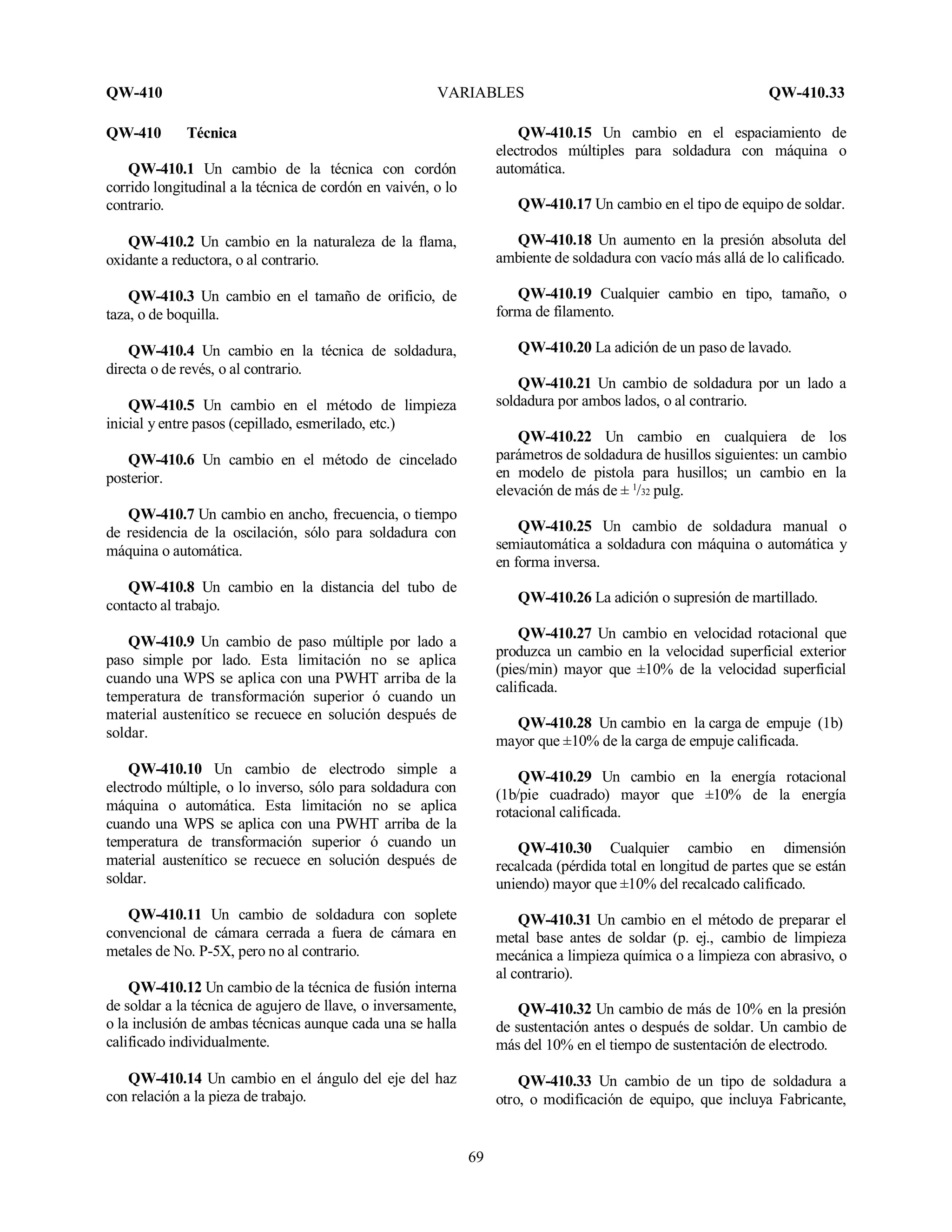 QW-410 VARIABLES QW-410.33
69
QW-410 Técnica
QW-410.1 Un cambio de la técnica con cordón
corrido longitudinal a la técnica de cordón en vaivén, o lo
contrario.
QW-410.2 Un cambio en la naturaleza de la flama,
oxidante a reductora, o al contrario.
QW-410.3 Un cambio en el tamaño de orificio, de
taza, o de boquilla.
QW-410.4 Un cambio en la técnica de soldadura,
directa o de revés, o al contrario.
QW-410.5 Un cambio en el método de limpieza
inicial y entre pasos (cepillado, esmerilado, etc.)
QW-410.6 Un cambio en el método de cincelado
posterior.
QW-410.7 Un cambio en ancho, frecuencia, o tiempo
de residencia de la oscilación, sólo para soldadura con
máquina o automática.
QW-410.8 Un cambio en la distancia del tubo de
contacto al trabajo.
QW-410.9 Un cambio de paso múltiple por lado a
paso simple por lado. Esta limitación no se aplica
cuando una WPS se aplica con una PWHT arriba de la
temperatura de transformación superior ó cuando un
material austenítico se recuece en solución después de
soldar.
QW-410.10 Un cambio de electrodo simple a
electrodo múltiple, o lo inverso, sólo para soldadura con
máquina o automática. Esta limitación no se aplica
cuando una WPS se aplica con una PWHT arriba de la
temperatura de transformación superior ó cuando un
material austenítico se recuece en solución después de
soldar.
QW-410.11 Un cambio de soldadura con soplete
convencional de cámara cerrada a fuera de cámara en
metales de No. P-5X, pero no al contrario.
QW-410.12 Un cambio de la técnica de fusión interna
de soldar a la técnica de agujero de llave, o inversamente,
o la inclusión de ambas técnicas aunque cada una se halla
calificado individualmente.
QW-410.14 Un cambio en el ángulo del eje del haz
con relación a la pieza de trabajo.
QW-410.15 Un cambio en el espaciamiento de
electrodos múltiples para soldadura con máquina o
automática.
QW-410.17 Un cambio en el tipo de equipo de soldar.
QW-410.18 Un aumento en la presión absoluta del
ambiente de soldadura con vacío más allá de lo calificado.
QW-410.19 Cualquier cambio en tipo, tamaño, o
forma de filamento.
QW-410.20 La adición de un paso de lavado.
QW-410.21 Un cambio de soldadura por un lado a
soldadura por ambos lados, o al contrario.
QW-410.22 Un cambio en cualquiera de los
parámetros de soldadura de husillos siguientes: un cambio
en modelo de pistola para husillos; un cambio en la
elevación de más de ± 1
/32 pulg.
QW-410.25 Un cambio de soldadura manual o
semiautomática a soldadura con máquina o automática y
en forma inversa.
QW-410.26 La adición o supresión de martillado.
QW-410.27 Un cambio en velocidad rotacional que
produzca un cambio en la velocidad superficial exterior
(pies/min) mayor que ±10% de la velocidad superficial
calificada.
QW-410.28 Un cambio en la carga de empuje (1b)
mayor que ±10% de la carga de empuje calificada.
QW-410.29 Un cambio en la energía rotacional
(1b/pie cuadrado) mayor que ±10% de la energía
rotacional calificada.
QW-410.30 Cualquier cambio en dimensión
recalcada (pérdida total en longitud de partes que se están
uniendo) mayor que ±10% del recalcado calificado.
QW-410.31 Un cambio en el método de preparar el
metal base antes de soldar (p. ej., cambio de limpieza
mecánica a limpieza química o a limpieza con abrasivo, o
al contrario).
QW-410.32 Un cambio de más de 10% en la presión
de sustentación antes o después de soldar. Un cambio de
más del 10% en el tiempo de sustentación de electrodo.
QW-410.33 Un cambio de un tipo de soldadura a
otro, o modificación de equipo, que incluya Fabricante,
 