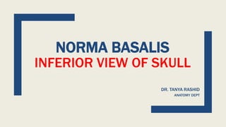 NORMA BASALIS
INFERIOR VIEW OF SKULL
DR. TANYA RASHID
ANATOMY DEPT
 