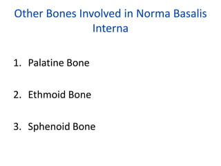 Other Bones Involved in Norma Basalis
               Interna

1. Palatine Bone

2. Ethmoid Bone

3. Sphenoid Bone
 