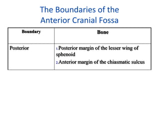 The Boundaries of the
            Anterior Cranial Fossa
     Boundary                      Bone


Posterior       1.Posterior margin of the lesser wing of
                sphenoid
                2.Anterior margin of the chiasmatic sulcus
 