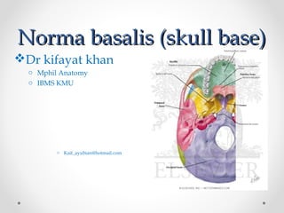 Norma basalis (skull base)Norma basalis (skull base)
Dr kifayat khan
o Mphil Anatomy
o IBMS KMU
o Kaif_ayubian@hotmail.com
 