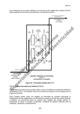 NB 777
200
Las conexiones de los pares salientes a los bornes de las regletas tipo “bloque terminal”
deben soldarse de tal manera que garanticen una perfecta conexión.
TABLERO PRINCIPAL DE TELEFONIA
(T.P.T.)
Características principales
Cables
telefónicos de
entrada
(cable multipar)
Cables telefónicos de
abonados
o pares salientes
a los TABLEROS SECUNDARIOS DE
TELEFONIA (T.S.T.)
cables de
interconexión
o de cruzada
pares
entrantes
pares
salientes
d
a
a
ducto PVC de acometida
Regletas telefónicas
Figura 35 - Principales detalles del T.P.T.
17.2.3 Tablero Secundario de Telefonía (T.S.T.)
Las instalaciones internas del inmueble, deben contar con tableros de distribución telefónica
secundarios (T.S.T.), se instalarán cerca de los centros de carga y/o en los lugares que se
juzgue conveniente.
Estos Tableros deben contar con regletas y/o terminales de conexión adecuadas al
requerimiento de las instalaciones, sus dimensiones estarán en función del número de pares
a distribuir, se recomienda prever un espacio para regletas que puedan atender un
crecimiento de pares no previsto inicialmente y disponer de espacio suficiente para la
instalación, reparación y mantenimiento.
S
o
l
o
p
a
r
a
u
s
o
i
n
t
e
r
n
o
S
u
p
e
r
i
n
t
e
n
d
e
n
c
i
a
d
e
E
l
e
c
t
r
i
c
i
d
a
d
 