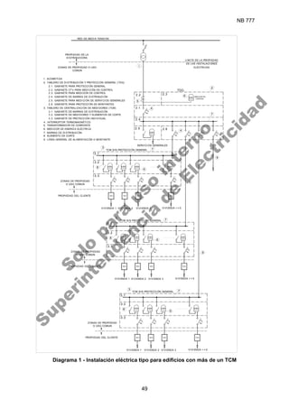 NB 777
49
TCM SIN PROTECCIÓN GENERAL
3
7
3.1
3.2
6
kWh kWh kWh kWh
8
3.3
ZONAS DE PROPIEDAD
O USO COMUN
PROPIEDAD DEL CLIENTE
VI VIENDA > = 5
VIVI ENDA 1 VIVIENDA 2 VIVI ENDA 3
RED DE MEDI A TENSION
PROPIEDAD DE LA
DI STRIBUIDORA
ZONAS DE PROPIEDAD O USO
COMUN
LIMITE DE LA PROPIEDAD
DE LAS INSTALACIONES
ELÉCTRICAS
1. ACOMETIDA
2. TABLERO DE DI STRIBUCIÓN Y PROTECCIÓN GENERAL (TDG)
2.1. GABINETE PARA PROTECCIÓN GENERAL
2.2. GABINETE CT's PARA MEDICIÓN DE CONTROL
2.3. GABINETE PARA MEDIDOR DE CONTROL
2.4. GABINETE DE BARRAS DE DISTRIBUCIÓN
2.5. GABINETE PARA MEDICI ÓN DE SERVICIOS GENERALES
2.6. GABINETE PARA PROTECCIÓN DE MONTANTES
3. TABLERO DE CENTRALIZACIÓN DE MEDIDORES (TCM)
3.1. GABINETE DE BARRAS DE DISTRIBUCIÓN
3.2. GABINETE DE MEDI DORES Y ELEMENTOS DE CORTE
3.3. GABINETE DE PROTECCIÓN INDIVIDUAL
4. INTERRUPTOR TERMOMAGNÉTICO
5. TRANSFORMADOR DE CORRIENTE
6. MEDIDOR DE ENERGÍ A ELÉCTRICA
7. BARRAS DE DISTRIBUCIÓN
8. ELEMENTO DE CORTE
9. LÍ NEA GENERAL DE ALI MENTACIÓN O MONTANTE
2
2.3
6
4
7
2.2
5
2.4
2.1
4
2.6
2.5
TDG
kWh MEDI DOR DE
CONTROL
TCM SIN PROTECCIÓN GENERAL
SERVICIOS GENERALES
kWh
3
7
3.1
3.2
6
kWh kWh kWh kWh
8
9
3.3
ZONAS DE PROPIEDAD
O USO COMUN
PROPIEDAD DEL CLIENTE
9
VIVI ENDA > = 5
VIVI ENDA 1 VI VIENDA 2 VIVI ENDA 3
TCM SIN PROTECCI ÓN GENERAL
3
7
3.1
3.2
6
kWh kWh kWh kWh
8
9
3.3
ZONAS DE PROPIEDAD
O USO COMUN
PROPI EDAD DEL CLIENTE
VIVI ENDA > = 5
VIVI ENDA 1 VI VIENDA 2 VIVIENDA 3
Diagrama 1 - Instalación eléctrica tipo para edificios con más de un TCM
S
o
l
o
p
a
r
a
u
s
o
i
n
t
e
r
n
o
S
u
p
e
r
i
n
t
e
n
d
e
n
c
i
a
d
e
E
l
e
c
t
r
i
c
i
d
a
d
 