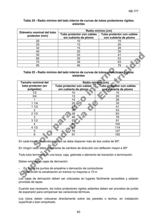 NB 777
60
Tabla 24 - Radio mínimo del lado interno de curvas de tubos protectores rígidos
aislantes
Radio mínimo (cm)
Diámetro nominal del tubo
protector (mm)
Tubo protector con cables
sin cubierta de plomo
Tubo protector con cables
con cubierta de plomo
20 10 15
25 13 20
32 15 28
40 20 35
50 25 41
60 30 53
75 38 63
85 46 79
Tabla 25 - Radio mínimo del lado interno de curvas de tubos protectores rígidos
aislantes
Radio mínimo (cm)
Tamaño nominal del
tubo protector (en
pulgadas)
Tubo protector con cables
sin cubierta de plomo
Tubo protector con cables
con cubierta de plomo
1/2 10 15
3/4 13 20
1 15 28
1 1/4 20 35
1 1/2 25 41
2 30 53
2 1/2 38 63
3 46 79
3 1/2 53 91
4 61 102
4 1/2 69 114
5 76 127
6 91 155
En cada tramo de canalización no se debe disponer más de dos codos de 90º.
En ningún caso debe disponerse de cambios de dirección con deflexión mayor a 90º.
Todo tubo terminará en una boca, caja, gabinete o elemento de transición o terminación.
Deben emplearse cajas de derivación:
- En todos los puntos de empalme o derivación de conductores
- Para dividir la canalización en tramos no mayores a 15 m
Las cajas de derivación deben ser colocadas en lugares fácilmente accesibles y estarán
provistas de tapas.
Cuando sea necesario, los tubos protectores rígidos aislantes deben ser provistos de juntas
de expansión para compensar las variaciones térmicas.
Los tubos deben colocarse directamente sobre las paredes o techos, en instalación
superficial o bien empotrado.
S
o
l
o
p
a
r
a
u
s
o
i
n
t
e
r
n
o
S
u
p
e
r
i
n
t
e
n
d
e
n
c
i
a
d
e
E
l
e
c
t
r
i
c
i
d
a
d
 
