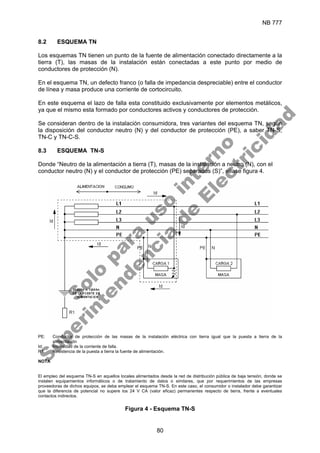 NB 777
80
8.2 ESQUEMA TN
Los esquemas TN tienen un punto de la fuente de alimentación conectado directamente a la
tierra (T), las masas de la instalación están conectadas a este punto por medio de
conductores de protección (N).
En el esquema TN, un defecto franco (o falla de impedancia despreciable) entre el conductor
de línea y masa produce una corriente de cortocircuito.
En este esquema el lazo de falla esta constituido exclusivamente por elementos metálicos,
ya que el mismo esta formado por conductores activos y conductores de protección.
Se consideran dentro de la instalación consumidora, tres variantes del esquema TN, según
la disposición del conductor neutro (N) y del conductor de protección (PE), a saber TN-S,
TN-C y TN-C-S.
8.3 ESQUEMA TN-S
Donde “Neutro de la alimentación a tierra (T), masas de la instalación a neutro (N), con el
conductor neutro (N) y el conductor de protección (PE) separados (S)”, véase figura 4.
PE: Conductor de protección de las masas de la instalación eléctrica con tierra igual que la puesta a tierra de la
alimentación
Id: Intensidad de la corriente de falla.
R1: Resistencia de la puesta a tierra la fuente de alimentación.
NOTA
El empleo del esquema TN-S en aquellos locales alimentados desde la red de distribución pública de baja tensión, donde se
instalen equipamientos informáticos o de tratamiento de datos o similares, que por requerimientos de las empresas
proveedoras de dichos equipos, se deba emplear el esquema TN-S. En este caso, el consumidor o instalador debe garantizar
que la diferencia de potencial no supere los 24 V CA (valor eficaz) permanentes respecto de tierra, frente a eventuales
contactos indirectos.
Figura 4 - Esquema TN-S
S
o
l
o
p
a
r
a
u
s
o
i
n
t
e
r
n
o
S
u
p
e
r
i
n
t
e
n
d
e
n
c
i
a
d
e
E
l
e
c
t
r
i
c
i
d
a
d
 