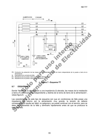 NB 777
83
PE: Conductor de protección de las masas de la instalación eléctrica con tierra independiente de la puesta a tierra de la
alimentación
Id: Intensidad de la corriente de falla.
R1: Resistencia de la puesta a tierra la fuente de alimentación.
R2: Resistencia de la puesta a tierra de la instalación
Figura 7 - Esquema TT
8.7 ESQUEMAS IT
Donde “Neutro de la alimentación a una impedancia (I) elevada, las masas de la instalación
a tierra (T) eléctricamente independiente y distinta de la toma de tierra de la alimentación”,
véase figura 8.
Las características de este tipo de esquema son que en condiciones de falla posee una
impedancia de retorno por la alimentación muy grande, la tensión de defecto
correspondiente resulta ser débil, no peligrosa y se puede continuar con el servicio, pero se
debe estar advertido de la falla y eliminarlo rápidamente antes de que se produzca la
segunda falla.
S
o
l
o
p
a
r
a
u
s
o
i
n
t
e
r
n
o
S
u
p
e
r
i
n
t
e
n
d
e
n
c
i
a
d
e
E
l
e
c
t
r
i
c
i
d
a
d
 