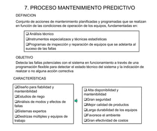 7. PROCESO MANTENIMIENTO PREDICTIVO
Diseño para fiabilidad y
mantenibilidad
Estudios de riego
Análisis de modos y efectos de
fallas
Sistemas expertos
Destrizas múltiples y equipos de
trabajo
 Alta disponibilidad y
mantenibilidad
Gran seguridad
Mejor calidad de productos
Larga durabilidad de los equipos
Favorece el ambiente
Gran efectividad de costos
CARACTERÍSTICAS
DEFINICION
Conjunto de acciones de mantenimiento planificadas y programadas que se realizan
en función de las condiciones de operación de los equipos, fundamentadas en:
 Análisis técnico
Instrumentos especializaos y técnicas estadísticas
Programas de inspección y reparación de equipos que se adelanta al
suceso de las fallas
OBJETIVO
Detecta las fallas potenciales con el sistema en funcionamiento a través de una
programación flexible para detectar el estado técnico del sistema y la indicación de
realizar o no alguna acción correctiva
 