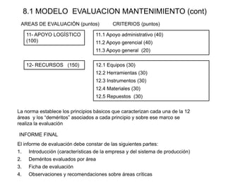 11- APOYO LOGÍSTICO
(100)
11.1 Apoyo administrativo (40)
11.2 Apoyo gerencial (40)
11.3 Apoyo general (20)
12- RECURSOS (150) 12.1 Equipos (30)
12.2 Herramientas (30)
12.3 Instrumentos (30)
12.4 Materiales (30)
12.5 Repuestos (30)
La norma establece los principios básicos que caracterizan cada una de la 12
áreas y los “deméritos” asociados a cada principio y sobre ese marco se
realiza la evaluación
AREAS DE EVALUACIÓN (puntos) CRITERIOS (puntos)
8.1 MODELO EVALUACION MANTENIMIENTO (cont)
INFORME FINAL
El informe de evaluación debe constar de las siguientes partes:
1. Introducción (características de la empresa y del sistema de producción)
2. Deméritos evaluados por área
3. Ficha de evaluación
4. Observaciones y recomendaciones sobre áreas críticas
 