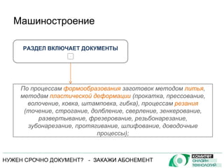 Машиностроение + По процессам  формообразования  заготовок методом  литья , методам  пластической деформации  (прокатка, прессование, волочение, ковка, штамповка, гибка), процессам  резания  (точение, строгание, долбление, сверление, зенкерование, развертывание, фрезерование, резьбонарезание, зубонарезание, протягивание, шлифование, доводочные процессы) ; РАЗДЕЛ ВКЛЮЧАЕТ ДОКУМЕНТЫ 