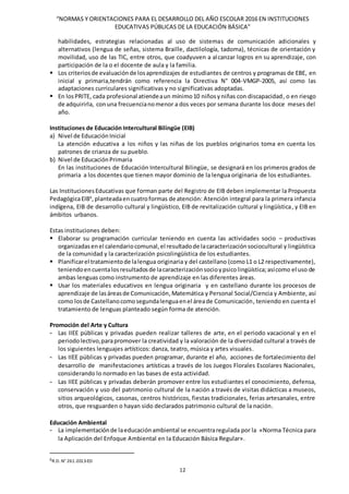 “NORMAS Y ORIENTACIONES PARA EL DESARROLLO DEL AÑO ESCOLAR 2016 EN INSTITUCIONES
EDUCATIVAS PÚBLICAS DE LA EDUCACIÓN BÁSICA”
12
habilidades, estrategias relacionadas al uso de sistemas de comunicación adicionales y
alternativos (lengua de señas, sistema Braille, dactilología, tadoma), técnicas de orientación y
movilidad, uso de las TIC, entre otros, que coadyuven a alcanzar logros en su aprendizaje, con
participación de la o el docente de aula y la familia.
 Los criteriosde evaluaciónde losaprendizajes de estudiantes de centros y programas de EBE, en
inicial y primaria,tendrán como referencia la Directiva N° 004-VMGP-2005, así como las
adaptaciones curriculares significativas y no significativas adoptadas.
 En losPRITE, cada profesional atiendeaun mínimo10 niñosyniñas con discapacidad, o en riesgo
de adquirirla, conuna frecuencianomenor a dos veces por semana durante los doce meses del
año.
Instituciones de Educación Intercultural Bilingüe (EIB)
a) Nivel de EducaciónInicial
La atención educativa a los niños y las niñas de los pueblos originarios toma en cuenta los
patrones de crianza de su pueblo.
b) Nivel de EducaciónPrimaria
En las instituciones de Educación Intercultural Bilingüe, se designará en los primeros grados de
primaria a los docentes que tienen mayor dominio de la lengua originaria de los estudiantes.
Las InstitucionesEducativas que forman parte del Registro de EIB deben implementar la Propuesta
PedagógicaEIB6
,planteadaencuatroformas de atención: Atención integral para la primera infancia
indígena, EIB de desarrollo cultural y lingüístico, EIB de revitalización cultural y lingüística, y EIB en
ámbitos urbanos.
Estas instituciones deben:
 Elaborar su programación curricular teniendo en cuenta las actividades socio – productivas
organizadasenel calendariocomunal,el resultadode lacaracterizaciónsociocultural y lingüística
de la comunidad y la caracterización psicolingüística de los estudiantes.
 Planificarel tratamientode lalengua originaria y del castellano (como L1 o L2 respectivamente),
teniendoencuentalosresultadosde lacaracterizaciónsocioypsicolingüística;asícomo el uso de
ambas lenguas como instrumento de aprendizaje en las diferentes áreas.
 Usar los materiales educativos en lengua originaria y en castellano durante los procesos de
aprendizaje de lasáreasde Comunicación,Matemática y Personal Social/Ciencia y Ambiente, así
como losde Castellanocomosegundalenguaenel áreade Comunicación, teniendo en cuenta el
tratamiento de lenguas planteado según forma de atención.
Promoción del Arte y Cultura
- Las IIEE públicas y privadas pueden realizar talleres de arte, en el periodo vacacional y en el
periodo lectivo,parapromover la creatividad y la valoración de la diversidad cultural a través de
los siguientes lenguajes artísticos: danza, teatro, música y artes visuales.
- Las IIEE públicas y privadas pueden programar, durante el año, acciones de fortalecimiento del
desarrollo de manifestaciones artísticas a través de los Juegos Florales Escolares Nacionales,
considerando lo normado en las bases de esta actividad.
- Las IIEE públicas y privadas deberán promover entre los estudiantes el conocimiento, defensa,
conservación y uso del patrimonio cultural de la nación a través de visitas didácticas a museos,
sitios arqueológicos, casonas, centros históricos, fiestas tradicionales, ferias artesanales, entre
otros, que resguarden o hayan sido declarados patrimonio cultural de la nación.
Educación Ambiental
- La implementaciónde laeducaciónambiental se encuentraregulada por la «Norma Técnica para
la Aplicación del Enfoque Ambiental en la Educación Básica Regular».
6R.D. N° 261-2013-ED
 