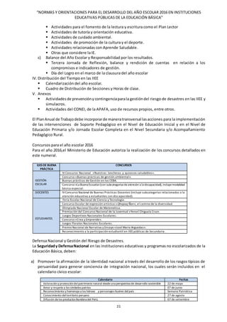 “NORMAS Y ORIENTACIONES PARA EL DESARROLLO DEL AÑO ESCOLAR 2016 EN INSTITUCIONES
EDUCATIVAS PÚBLICAS DE LA EDUCACIÓN BÁSICA”
21
 Actividades para el fomento de la lectura y escritura como el Plan Lector
 Actividades de tutoría y orientación educativa.
 Actividades de cuidado ambiental.
 Actividades de promoción de la cultura y el deporte.
 Actividades relacionadas con Aprende Saludable.
 Otras que considere la IE.
c) Balance del Año Escolar y Responsabilidad por los resultados.
 Tercera Jornada de Reflexión, balance y rendición de cuentas en relación a los
compromisos e indicadores de gestión.
 Día del Logro en el marco de la clausura del año escolar
IV. Distribución del Tiempo en las IIEE
 Calendarización del año escolar.
 Cuadro de Distribución de Secciones y Horas de clase.
V. Anexos
 Actividades de prevención ycontingenciaparala gestióndel riesgo de desastres en las IIEE y
simulacros.
 Actividades del CONEI, de la APAFA, uso de recursos propios, entre otros.
El PlanAnual de Trabajodebe incorporarde maneratransversal lasacciones para la implementación
de las intervenciones de Soporte Pedagógico en el Nivel de Educación Inicial y en el Nivel de
Educación Primaria y/o Jornada Escolar Completa en el Nivel Secundaria y/o Acompañamiento
Pedagógico Rural.
Concursos para el año escolar 2016
Para el año 2016,el Ministerio de Educación autoriza la realización de los concursos detallados en
este numeral.
EJES DE BUENA
PRÁCTICA
CONCURSOS
GESTIÓN
ESCOLAR
IV Concurso Nacional «Nuestras loncheras y quioscos saludables».
Concurso «Buenas prácticas de gestión ambiental».
Buenas prácticas de Gestión en los CEBA.
Concurso «La Buena Escuela»(con subcategorías deatención a la discapacidad), incluyemodalidad
básica especial.
DOCENTES IV Concurso Nacional de Buenas Prácticas Docentes (incluye subcategorías relacionadas a la
atención educativa a estudiantes con discapacidad).
ESTUDIANTES
Feria Escolar Nacional de Ciencia y Tecnología.
Concurso Escolar de expresión artística «Qhapaq Ñan», el camino de la diversidad.
Olimpiada Nacional Escolar de Matemática.
Premiación del Concurso Nacional de la Juventud «Yenuri Chiguala Cruz».
Juegos Deportivos Nacionales Escolares.
Concurso «Crea y Emprende».
Juegos Florales Nacionales Escolares.
Premio Nacional de Narrativa y Ensayo «José María Arguedas».
Reconocimiento a la participación estudiantil en IIEEpúblicas de Secundaria.
Defensa Nacional y Gestión del Riesgo de Desastres.
La Seguridady DefensaNacional en las instituciones educativas y programas no escolarizados de la
Educación Básica, deben:
a) Promover la afirmación de la identidad nacional a través del desarrollo de los rasgos típicos de
peruanidad para generar conciencia de integración nacional, los cuales serán incluidos en el
calendario cívico escolar:
Calendario Fechas
Valoracióny proteccióndelpatrimonio natural desdeuna perspectiva de desarrollo sostenible 22 de mayo
Amor y respeto a los símbolos patrios 07 de junio
Reconocimiento y homenajea los héroes y personajes ilustres delpaís Semana Patriótica
Conocimiento del territorio peruano 27 de agosto
Difusión delos productos Bandera del Perú. 07 de setiembre
 