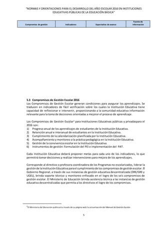 “NORMAS Y ORIENTACIONES PARA EL DESARROLLO DEL AÑO ESCOLAR 2016 EN INSTITUCIONES
EDUCATIVAS PÚBLICAS DE LA EDUCACIÓN BÁSICA”
5
5.3 Compromisos de Gestión Escolar 2016
Los Compromisos de Gestión Escolar generan condiciones para asegurar los aprendizajes. Se
traducen en indicadores de fácil verificación sobre los cuales la Institución Educativa tiene
capacidad de reflexionar e intervenir, proporcionando a la comunidad educativa información
relevante para la toma de decisiones orientadas a mejorar el proceso de aprendizaje.
Los Compromisos de Gestión Escolar2
para Instituciones Educativas públicas y privadaspara el
2016 son:
1) Progreso anual de los aprendizajes de estudiantes de la Institución Educativa.
2) Retención anual e interanual de estudiantes en la Institución Educativa.
3) Cumplimiento de la calendarización planificada por la Institución Educativa.
4) Acompañamiento y monitoreo a la práctica pedagógica en la Institución Educativa.
5) Gestión de la convivencia escolar en la Institución Educativa.
6) Instrumentos de gestión: Formulación del PEI e implementación del PAT.
Cada Institución Educativa deberá proponer metas para cada uno de los indicadores, lo que
permitirá tomar decisiones y realizar intervenciones para mejora de los aprendizajes.
Corresponde al directivo o profesora coordinadora de los Programas no escolarizados, liderar la
gestiónde laInstituciónEducativa parael cumplimientode los compromisos de gestiónescolar.El
Gobierno Regional, a través de sus instancias de gestión educativa descentralizada (DRE/GRE y
UGEL), brinda soporte técnico y monitoreo enfocado en el logro de los seis compromisos de
gestión escolar. El Ministerio de Educación brinda asistencia técnica a las instancias de gestión
educativa descentralizadas que permita a los directivos el logro de los compromisos.
2
El Ministerio de Educación publicará a través de su página web la actualización del Manual de Gestión Escolar.
Compromiso de gestión Indicadores Expectativa de avance
Fuente de
información
 