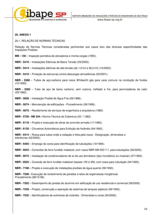 16
20. ANEXO 1
20.1. RELAÇÃO DE NORMAS TÉCNICAS
Relação de Normas Técnicas consideradas pertinentes aos casos alvo das diversas especificidades das
Inspeções Prediais:
MB - 130 – Inspeção periódica de elevadores e monta-cargas (1955);
NBR - 5410 – Instalações Elétricas de Baixa Tensão (03/2005);
NBR - 5414 – Instalações elétricas de alta tensão (de 1,0 kV a 36,2 kV) (10/2003);
NBR - 5419 – Proteção de estruturas contra descargas atmosféricas (02/2001);
NBR - 5580 – Tubos de aço-carbono para rosca Whitworth gás para usos comuns na condução de fluidos
(12/1993);
NBR - 5583 – Tubo de aço de baixo carbono, sem costura, trefilado a frio, para permutadores de calor
(03/1982);
NBR - 5626 – Instalação Predial de Água Fria (09/1998);
NBR - 5674 – Manutenção de edificações - Procedimento (09/1999);
NBR - 5675 – Recebimento de serviços de engenharia e arquitetura (1980)
NBR - 5720 - NB 344 - Norma Técnica de Cobertura (02 / 1.982)
NBR - 6118 – Projeto e execução de obras de concreto armado (11/1980);
NBR - 6135 – Chuveiros Automáticos para Extinção de Incêndio (04/1992);
NBR - 6414 – Rosca para tubos onde a vedação e feita pela rosca - Designação, dimensões e
tolerâncias (02/2000);
NBR - 6493 – Emprego de cores para identificação de tubulações (10/1994);
NBR - 6943 – Conexões de ferro fundido maleável, com rosca NBR NM-ISO 7-1, para tubulações (06/2000);
NBR - 6675 – Instalação de condicionadores de ar de uso doméstico (tipo monobloco ou modular) (07/1993);
NBR - 6925 – Conexão de ferro fundido maleável classes 150 e 300, com rosca para tubulação (04/1995);
NBR - 7198 – Projeto e execução de instalações prediais de água quente (09/1993);
NBR - 7200 - Execução de revestimento de paredes e tetos de argamassas inorgânicas
Procedimento (08/19 98);
NBR - 7202 – Desempenho de janelas de alumínio em edificação de uso residencial e comercial (08/2000)
NBR - 7229 – Projeto, construção e operação de sistemas de tanques sépticos (09/1993);
NBR - 7532 – Identificadores de extintores de incêndio - Dimensões e cores (04/2000);
 