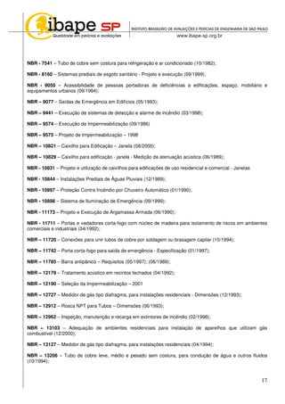 17
NBR - 7541 – Tubo de cobre sem costura para refrigeração e ar condicionado (10/1982);
NBR - 8160 – Sistemas prediais de esgoto sanitário - Projeto e execução (09/1999);
NBR - 9050 – Acessibilidade de pessoas portadoras de deficiências a edificações, espaço, mobiliário e
equipamentos urbanos (09/1994);
NBR – 9077 – Saídas de Emergência em Edifícios (05/1993);
NBR – 9441 – Execução de sistemas de detecção e alarme de incêndio (03/1998);
NBR – 9574 – Execução de Impermeabilização (09/1986)
NBR – 9575 – Projeto de Impermeabilização – 1998
NBR – 10821 – Caixilho para Edificação – Janela (08/2000);
NBR – 10829 – Caixilho para edificação - janela - Medição da atenuação acústica (06/1989);
NBR - 10831 – Projeto e utilização de caixilhos para edificações de uso residencial e comercial - Janelas
NBR - 10844 – Instalações Prediais de Águas Pluviais (12/1989);
NBR - 10897 – Proteção Contra Incêndio por Chuveiro Automático (01/1990);
NBR - 10898 – Sistema de Iluminação de Emergência (09/1999);
NBR - 11173 – Projeto e Execução de Argamassa Armada (06/1990);
NBR - 11711 – Portas e vedadores corta-fogo com núcleo de madeira para isolamento de riscos em ambientes
comerciais e industriais (04/1992);
NBR – 11720 – Conexões para unir tubos de cobre por soldagem ou brasagem capilar (10/1994);
NBR – 11742 – Porta corta-fogo para saída de emergência - Especificação (01/1997);
NBR – 11785 – Barra antipânico – Requisitos (05/1997); (06/1989);
NBR – 12179 – Tratamento acústico em recintos fechados (04/1992);
NBR – 12190 – Seleção da Impermeabilização – 2001
NBR – 12727 – Medidor de gás tipo diafragma, para instalações residenciais - Dimensões (12/1993);
NBR – 12912 – Rosca NPT para Tubos – Dimensões (06/1993);
NBR – 12962 – Inspeção, manutenção e recarga em extintores de incêndio (02/1998);
NBR – 13103 – Adequação de ambientes residenciais para instalação de aparelhos que utilizam gás
combustível (12/2000);
NBR – 13127 – Medidor de gás tipo diafragma, para instalações residenciais (04/1994);
NBR – 13206 – Tubo de cobre leve, médio e pesado sem costura, para condução de água e outros fluidos
(10/1994);
 