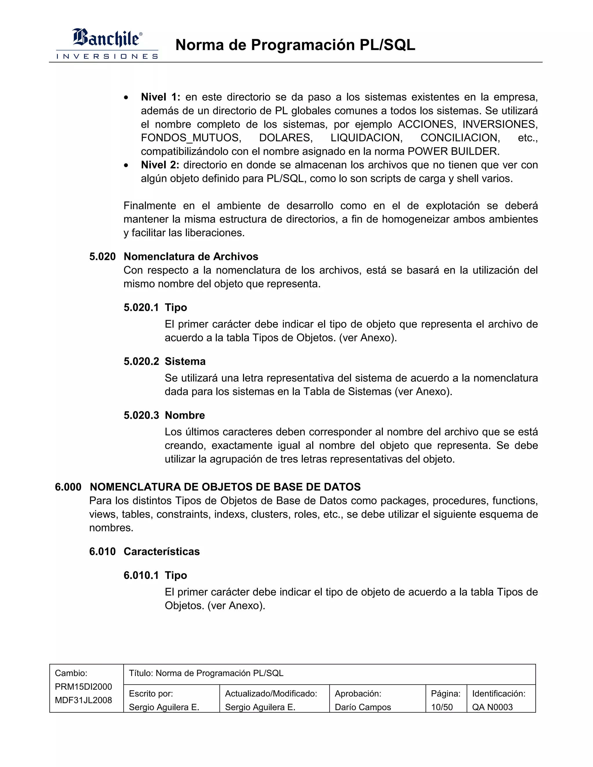 Norma de Programación PL/SQL


                •      Nivel 1: en este directorio se da paso a los sistemas existentes en la empresa,
                       además de un directorio de PL globales comunes a todos los sistemas. Se utilizará
                       el nombre completo de los sistemas, por ejemplo ACCIONES, INVERSIONES,
                       FONDOS_MUTUOS,           DOLARES,      LIQUIDACION,       CONCILIACION,         etc.,
                       compatibilizándolo con el nombre asignado en la norma POWER BUILDER.
                •      Nivel 2: directorio en donde se almacenan los archivos que no tienen que ver con
                       algún objeto definido para PL/SQL, como lo son scripts de carga y shell varios.

                Finalmente en el ambiente de desarrollo como en el de explotación se deberá
                mantener la misma estructura de directorios, a fin de homogeneizar ambos ambientes
                y facilitar las liberaciones.

          5.020 Nomenclatura de Archivos
                Con respecto a la nomenclatura de los archivos, está se basará en la utilización del
                mismo nombre del objeto que representa.

                5.020.1 Tipo
                             El primer carácter debe indicar el tipo de objeto que representa el archivo de
                             acuerdo a la tabla Tipos de Objetos. (ver Anexo).

                5.020.2 Sistema
                             Se utilizará una letra representativa del sistema de acuerdo a la nomenclatura
                             dada para los sistemas en la Tabla de Sistemas (ver Anexo).

                5.020.3 Nombre
                             Los últimos caracteres deben corresponder al nombre del archivo que se está
                             creando, exactamente igual al nombre del objeto que representa. Se debe
                             utilizar la agrupación de tres letras representativas del objeto.

6.000 NOMENCLATURA DE OBJETOS DE BASE DE DATOS
      Para los distintos Tipos de Objetos de Base de Datos como packages, procedures, functions,
      views, tables, constraints, indexs, clusters, roles, etc., se debe utilizar el siguiente esquema de
      nombres.

          6.010 Características

                6.010.1 Tipo
                             El primer carácter debe indicar el tipo de objeto de acuerdo a la tabla Tipos de
                             Objetos. (ver Anexo).




Cambio:             Título: Norma de Programación PL/SQL
PRM15DI2000
                    Escrito por:          Actualizado/Modificado:   Aprobación:       Página:   Identificación:
MDF31JL2008
                    Sergio Aguilera E.    Sergio Aguilera E.        Darío Campos      10/50     QA N0003
 
