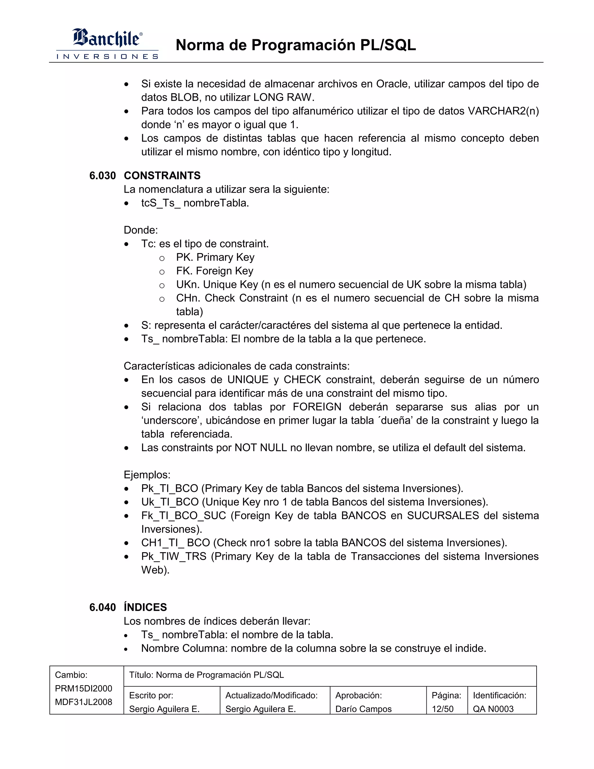 Norma de Programación PL/SQL

                 •      Si existe la necesidad de almacenar archivos en Oracle, utilizar campos del tipo de
                        datos BLOB, no utilizar LONG RAW.
                 •      Para todos los campos del tipo alfanumérico utilizar el tipo de datos VARCHAR2(n)
                        donde ‘n’ es mayor o igual que 1.
                 •      Los campos de distintas tablas que hacen referencia al mismo concepto deben
                        utilizar el mismo nombre, con idéntico tipo y longitud.

          6.030 CONSTRAINTS
                La nomenclatura a utilizar sera la siguiente:
                • tcS_Ts_ nombreTabla.

                 Donde:
                 • Tc: es el tipo de constraint.
                        o PK. Primary Key
                        o FK. Foreign Key
                        o UKn. Unique Key (n es el numero secuencial de UK sobre la misma tabla)
                        o CHn. Check Constraint (n es el numero secuencial de CH sobre la misma
                          tabla)
                 • S: representa el carácter/caractéres del sistema al que pertenece la entidad.
                 • Ts_ nombreTabla: El nombre de la tabla a la que pertenece.

                 Características adicionales de cada constraints:
                 • En los casos de UNIQUE y CHECK constraint, deberán seguirse de un número
                    secuencial para identificar más de una constraint del mismo tipo.
                 • Si relaciona dos tablas por FOREIGN deberán separarse sus alias por un
                    ‘underscore’, ubicándose en primer lugar la tabla ´dueña’ de la constraint y luego la
                    tabla referenciada.
                 • Las constraints por NOT NULL no llevan nombre, se utiliza el default del sistema.

                 Ejemplos:
                 • Pk_TI_BCO (Primary Key de tabla Bancos del sistema Inversiones).
                 • Uk_TI_BCO (Unique Key nro 1 de tabla Bancos del sistema Inversiones).
                 • Fk_TI_BCO_SUC (Foreign Key de tabla BANCOS en SUCURSALES del sistema
                    Inversiones).
                 • CH1_TI_ BCO (Check nro1 sobre la tabla BANCOS del sistema Inversiones).
                 • Pk_TIW_TRS (Primary Key de la tabla de Transacciones del sistema Inversiones
                    Web).


          6.040 ÍNDICES
                Los nombres de índices deberán llevar:
                •  Ts_ nombreTabla: el nombre de la tabla.
                •  Nombre Columna: nombre de la columna sobre la se construye el indide.

Cambio:              Título: Norma de Programación PL/SQL
PRM15DI2000
                     Escrito por:          Actualizado/Modificado:   Aprobación:    Página:   Identificación:
MDF31JL2008
                     Sergio Aguilera E.    Sergio Aguilera E.        Darío Campos   12/50     QA N0003
 
