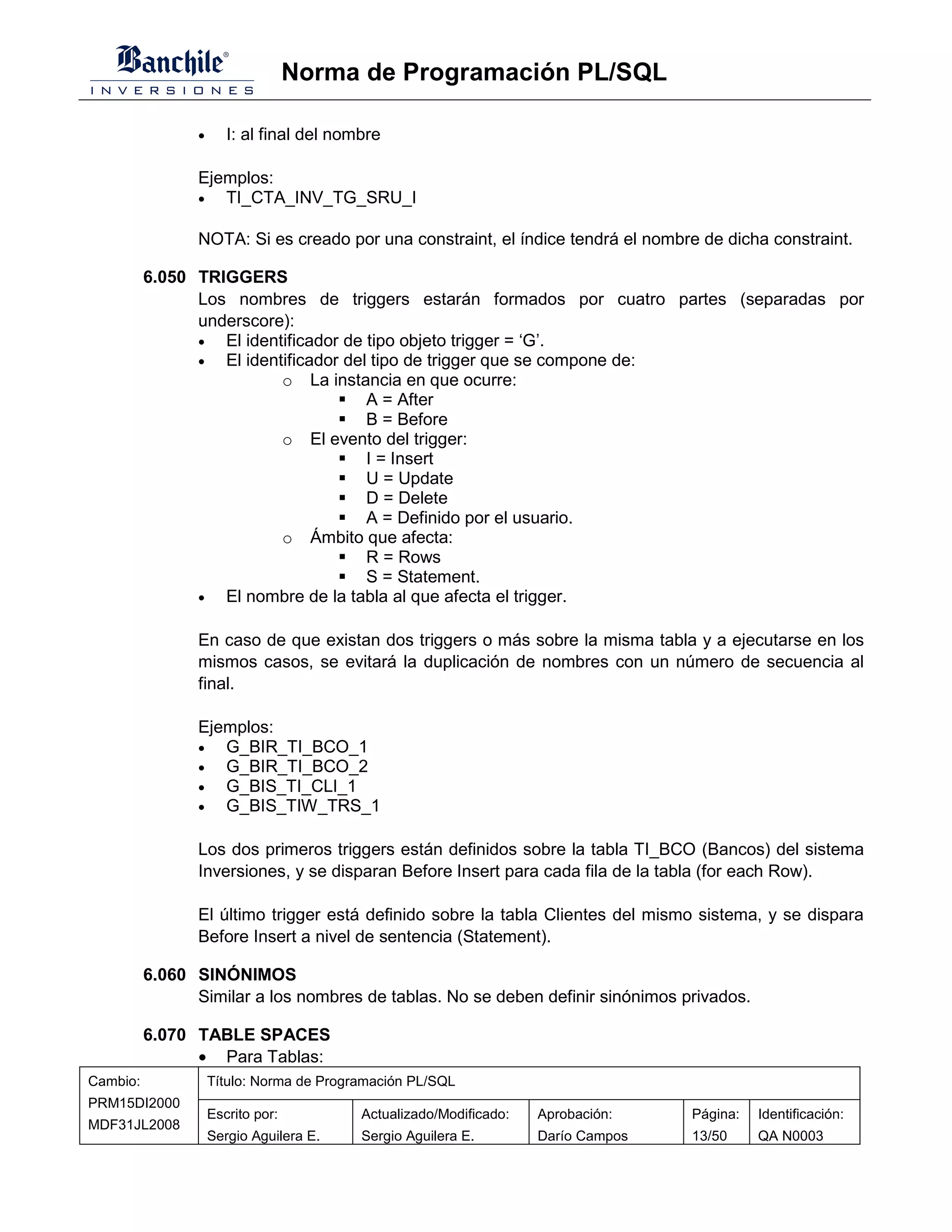 Norma de Programación PL/SQL

                 •      I: al final del nombre

                 Ejemplos:
                 •  TI_CTA_INV_TG_SRU_I

                 NOTA: Si es creado por una constraint, el índice tendrá el nombre de dicha constraint.

          6.050 TRIGGERS
                Los nombres de triggers estarán formados por cuatro partes (separadas por
                underscore):
                •  El identificador de tipo objeto trigger = ‘G’.
                •  El identificador del tipo de trigger que se compone de:
                           o La instancia en que ocurre:
                                       A = After
                                       B = Before
                           o El evento del trigger:
                                       I = Insert
                                       U = Update
                                       D = Delete
                                       A = Definido por el usuario.
                           o Ámbito que afecta:
                                       R = Rows
                                       S = Statement.
                •  El nombre de la tabla al que afecta el trigger.

                 En caso de que existan dos triggers o más sobre la misma tabla y a ejecutarse en los
                 mismos casos, se evitará la duplicación de nombres con un número de secuencia al
                 final.

                 Ejemplos:
                 •  G_BIR_TI_BCO_1
                 •  G_BIR_TI_BCO_2
                 •  G_BIS_TI_CLI_1
                 •  G_BIS_TIW_TRS_1

                 Los dos primeros triggers están definidos sobre la tabla TI_BCO (Bancos) del sistema
                 Inversiones, y se disparan Before Insert para cada fila de la tabla (for each Row).

                 El último trigger está definido sobre la tabla Clientes del mismo sistema, y se dispara
                 Before Insert a nivel de sentencia (Statement).

          6.060 SINÓNIMOS
                Similar a los nombres de tablas. No se deben definir sinónimos privados.

          6.070 TABLE SPACES
                • Para Tablas:
Cambio:              Título: Norma de Programación PL/SQL
PRM15DI2000
                     Escrito por:          Actualizado/Modificado:   Aprobación:    Página:   Identificación:
MDF31JL2008
                     Sergio Aguilera E.    Sergio Aguilera E.        Darío Campos   13/50     QA N0003
 