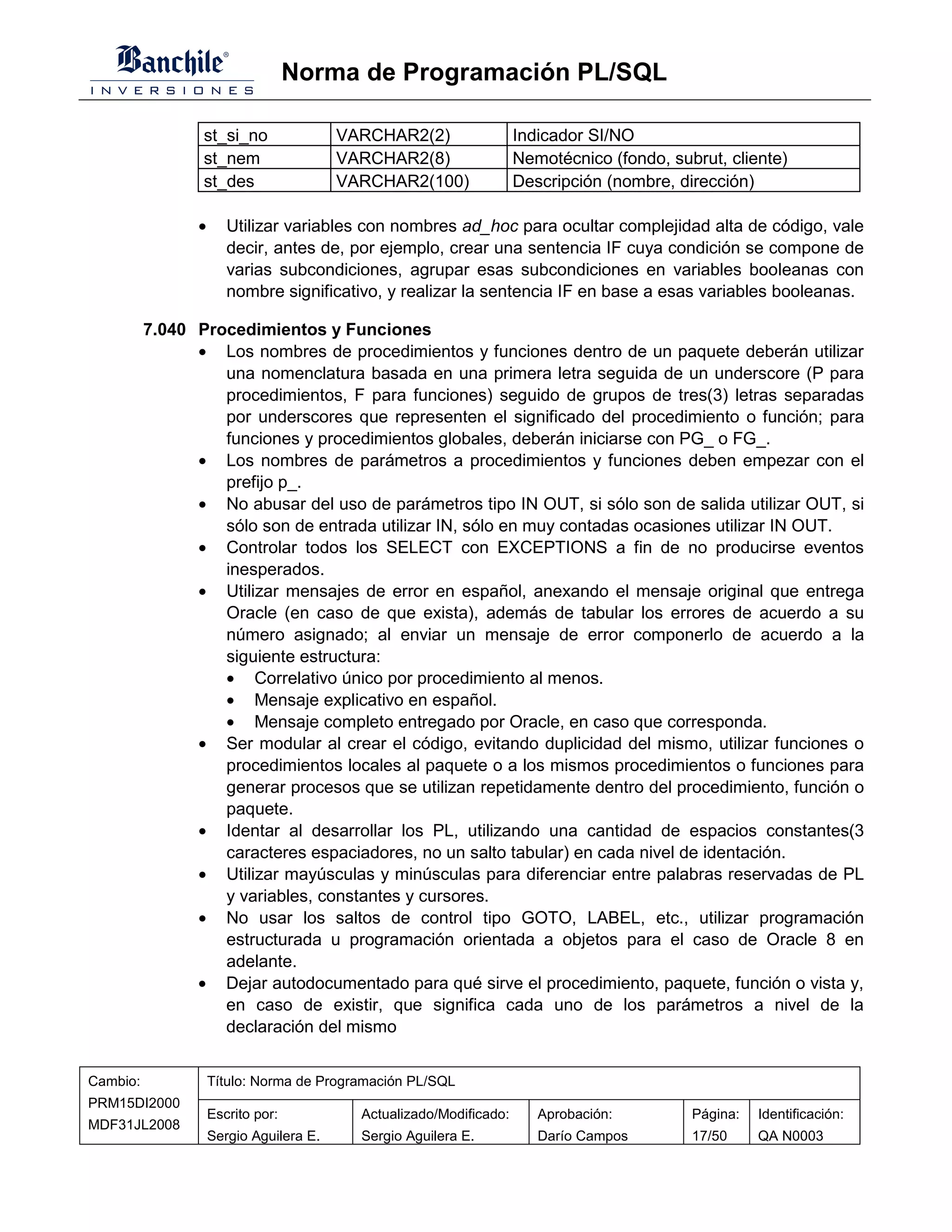 Norma de Programación PL/SQL

                 st_si_no                VARCHAR2(2)                 Indicador SI/NO
                 st_nem                  VARCHAR2(8)                 Nemotécnico (fondo, subrut, cliente)
                 st_des                  VARCHAR2(100)               Descripción (nombre, dirección)

                •      Utilizar variables con nombres ad_hoc para ocultar complejidad alta de código, vale
                       decir, antes de, por ejemplo, crear una sentencia IF cuya condición se compone de
                       varias subcondiciones, agrupar esas subcondiciones en variables booleanas con
                       nombre significativo, y realizar la sentencia IF en base a esas variables booleanas.

          7.040 Procedimientos y Funciones
                • Los nombres de procedimientos y funciones dentro de un paquete deberán utilizar
                   una nomenclatura basada en una primera letra seguida de un underscore (P para
                   procedimientos, F para funciones) seguido de grupos de tres(3) letras separadas
                   por underscores que representen el significado del procedimiento o función; para
                   funciones y procedimientos globales, deberán iniciarse con PG_ o FG_.
                • Los nombres de parámetros a procedimientos y funciones deben empezar con el
                   prefijo p_.
                • No abusar del uso de parámetros tipo IN OUT, si sólo son de salida utilizar OUT, si
                   sólo son de entrada utilizar IN, sólo en muy contadas ocasiones utilizar IN OUT.
                • Controlar todos los SELECT con EXCEPTIONS a fin de no producirse eventos
                   inesperados.
                • Utilizar mensajes de error en español, anexando el mensaje original que entrega
                   Oracle (en caso de que exista), además de tabular los errores de acuerdo a su
                   número asignado; al enviar un mensaje de error componerlo de acuerdo a la
                   siguiente estructura:
                   • Correlativo único por procedimiento al menos.
                   • Mensaje explicativo en español.
                   • Mensaje completo entregado por Oracle, en caso que corresponda.
                • Ser modular al crear el código, evitando duplicidad del mismo, utilizar funciones o
                   procedimientos locales al paquete o a los mismos procedimientos o funciones para
                   generar procesos que se utilizan repetidamente dentro del procedimiento, función o
                   paquete.
                • Identar al desarrollar los PL, utilizando una cantidad de espacios constantes(3
                   caracteres espaciadores, no un salto tabular) en cada nivel de identación.
                • Utilizar mayúsculas y minúsculas para diferenciar entre palabras reservadas de PL
                   y variables, constantes y cursores.
                • No usar los saltos de control tipo GOTO, LABEL, etc., utilizar programación
                   estructurada u programación orientada a objetos para el caso de Oracle 8 en
                   adelante.
                • Dejar autodocumentado para qué sirve el procedimiento, paquete, función o vista y,
                   en caso de existir, que significa cada uno de los parámetros a nivel de la
                   declaración del mismo


Cambio:             Título: Norma de Programación PL/SQL
PRM15DI2000
                    Escrito por:           Actualizado/Modificado:      Aprobación:         Página:   Identificación:
MDF31JL2008
                    Sergio Aguilera E.     Sergio Aguilera E.           Darío Campos        17/50     QA N0003
 