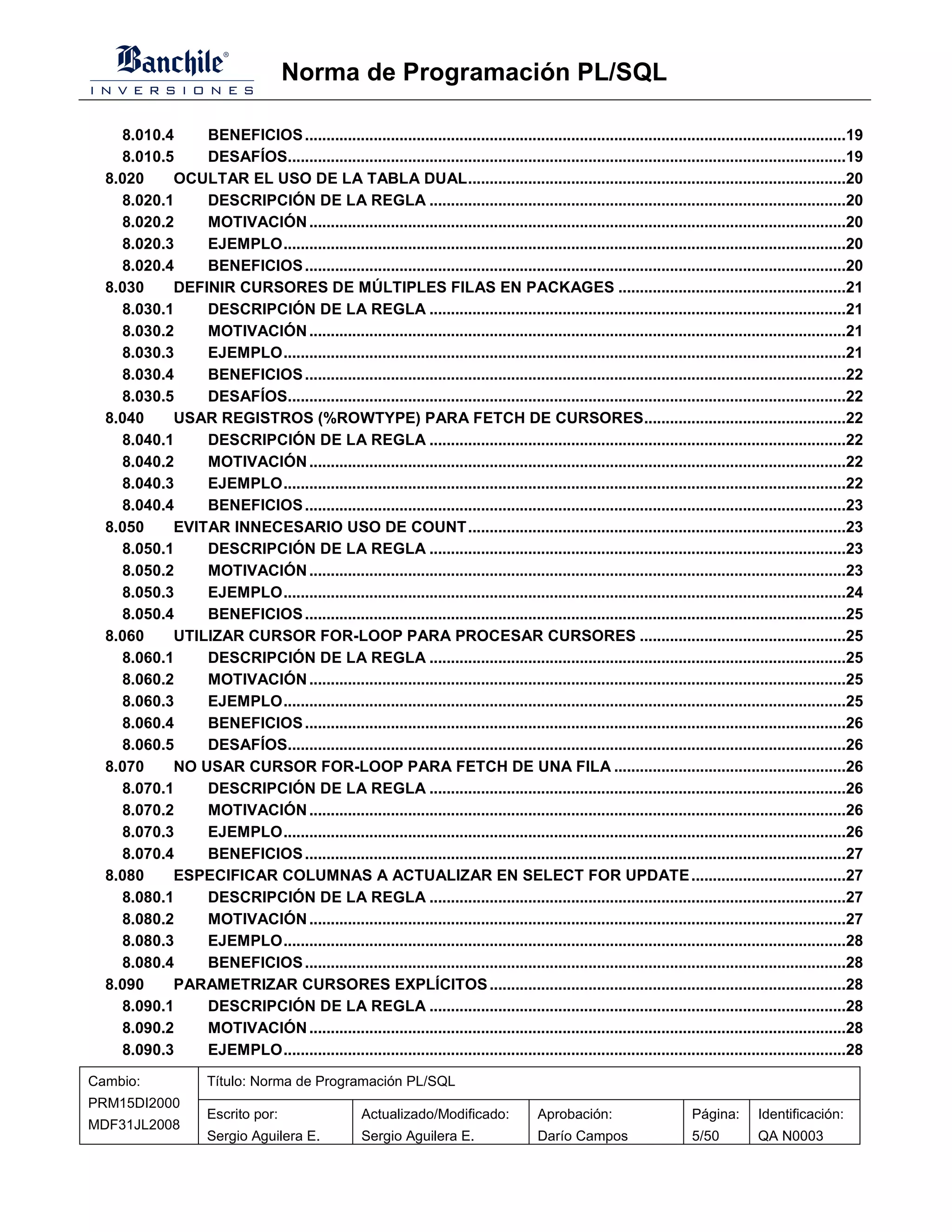 Norma de Programación PL/SQL

    8.010.4    BENEFICIOS ..............................................................................................................................19
    8.010.5    DESAFÍOS..................................................................................................................................19
  8.020    OCULTAR EL USO DE LA TABLA DUAL........................................................................................20
    8.020.1    DESCRIPCIÓN DE LA REGLA .................................................................................................20
    8.020.2    MOTIVACIÓN .............................................................................................................................20
    8.020.3    EJEMPLO...................................................................................................................................20
    8.020.4    BENEFICIOS ..............................................................................................................................20
  8.030    DEFINIR CURSORES DE MÚLTIPLES FILAS EN PACKAGES .....................................................21
    8.030.1    DESCRIPCIÓN DE LA REGLA .................................................................................................21
    8.030.2    MOTIVACIÓN .............................................................................................................................21
    8.030.3    EJEMPLO...................................................................................................................................21
    8.030.4    BENEFICIOS ..............................................................................................................................22
    8.030.5    DESAFÍOS..................................................................................................................................22
  8.040    USAR REGISTROS (%ROWTYPE) PARA FETCH DE CURSORES...............................................22
    8.040.1    DESCRIPCIÓN DE LA REGLA .................................................................................................22
    8.040.2    MOTIVACIÓN .............................................................................................................................22
    8.040.3    EJEMPLO...................................................................................................................................22
    8.040.4    BENEFICIOS ..............................................................................................................................23
  8.050    EVITAR INNECESARIO USO DE COUNT ........................................................................................23
    8.050.1    DESCRIPCIÓN DE LA REGLA .................................................................................................23
    8.050.2    MOTIVACIÓN .............................................................................................................................23
    8.050.3    EJEMPLO...................................................................................................................................24
    8.050.4    BENEFICIOS ..............................................................................................................................25
  8.060    UTILIZAR CURSOR FOR-LOOP PARA PROCESAR CURSORES ................................................25
    8.060.1    DESCRIPCIÓN DE LA REGLA .................................................................................................25
    8.060.2    MOTIVACIÓN .............................................................................................................................25
    8.060.3    EJEMPLO...................................................................................................................................25
    8.060.4    BENEFICIOS ..............................................................................................................................26
    8.060.5    DESAFÍOS..................................................................................................................................26
  8.070    NO USAR CURSOR FOR-LOOP PARA FETCH DE UNA FILA ......................................................26
    8.070.1    DESCRIPCIÓN DE LA REGLA .................................................................................................26
    8.070.2    MOTIVACIÓN .............................................................................................................................26
    8.070.3    EJEMPLO...................................................................................................................................26
    8.070.4    BENEFICIOS ..............................................................................................................................27
  8.080    ESPECIFICAR COLUMNAS A ACTUALIZAR EN SELECT FOR UPDATE ....................................27
    8.080.1    DESCRIPCIÓN DE LA REGLA .................................................................................................27
    8.080.2    MOTIVACIÓN .............................................................................................................................27
    8.080.3    EJEMPLO...................................................................................................................................28
    8.080.4    BENEFICIOS ..............................................................................................................................28
  8.090    PARAMETRIZAR CURSORES EXPLÍCITOS ...................................................................................28
    8.090.1    DESCRIPCIÓN DE LA REGLA .................................................................................................28
    8.090.2    MOTIVACIÓN .............................................................................................................................28
    8.090.3    EJEMPLO...................................................................................................................................28
Cambio:               Título: Norma de Programación PL/SQL
PRM15DI2000
                      Escrito por:                   Actualizado/Modificado:             Aprobación:                    Página:      Identificación:
MDF31JL2008
                      Sergio Aguilera E.             Sergio Aguilera E.                  Darío Campos                   5/50         QA N0003
 