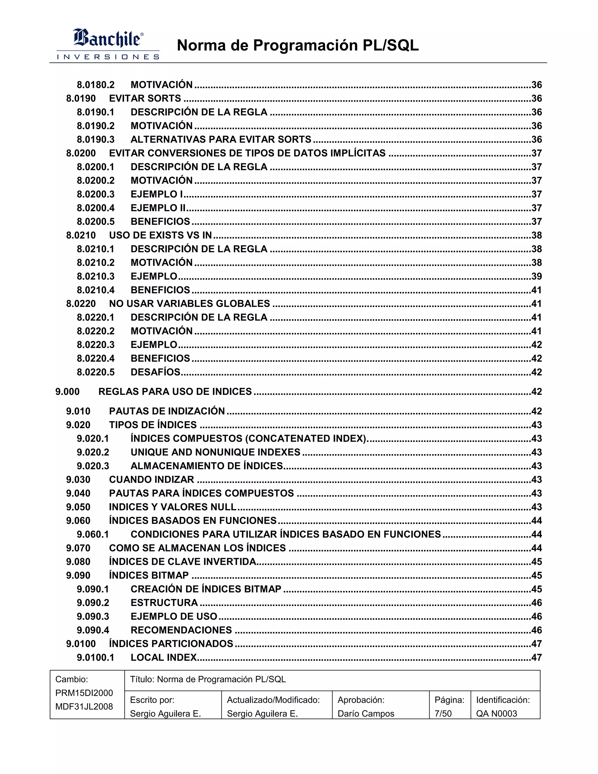 Norma de Programación PL/SQL

    8.0180.2 MOTIVACIÓN .............................................................................................................................36
  8.0190 EVITAR SORTS .................................................................................................................................36
    8.0190.1 DESCRIPCIÓN DE LA REGLA .................................................................................................36
    8.0190.2 MOTIVACIÓN .............................................................................................................................36
    8.0190.3 ALTERNATIVAS PARA EVITAR SORTS .................................................................................36
  8.0200 EVITAR CONVERSIONES DE TIPOS DE DATOS IMPLÍCITAS .....................................................37
    8.0200.1 DESCRIPCIÓN DE LA REGLA .................................................................................................37
    8.0200.2 MOTIVACIÓN .............................................................................................................................37
    8.0200.3 EJEMPLO I.................................................................................................................................37
    8.0200.4 EJEMPLO II................................................................................................................................37
    8.0200.5 BENEFICIOS ..............................................................................................................................37
  8.0210 USO DE EXISTS VS IN......................................................................................................................38
    8.0210.1 DESCRIPCIÓN DE LA REGLA .................................................................................................38
    8.0210.2 MOTIVACIÓN .............................................................................................................................38
    8.0210.3 EJEMPLO...................................................................................................................................39
    8.0210.4 BENEFICIOS ..............................................................................................................................41
  8.0220 NO USAR VARIABLES GLOBALES ................................................................................................41
    8.0220.1 DESCRIPCIÓN DE LA REGLA .................................................................................................41
    8.0220.2 MOTIVACIÓN .............................................................................................................................41
    8.0220.3 EJEMPLO...................................................................................................................................42
    8.0220.4 BENEFICIOS ..............................................................................................................................42
    8.0220.5 DESAFÍOS..................................................................................................................................42
9.000       REGLAS PARA USO DE INDICES .......................................................................................................42

  9.010    PAUTAS DE INDIZACIÓN .................................................................................................................42
  9.020    TIPOS DE ÍNDICES ...........................................................................................................................43
    9.020.1    ÍNDICES COMPUESTOS (CONCATENATED INDEX).............................................................43
    9.020.2    UNIQUE AND NONUNIQUE INDEXES .....................................................................................43
    9.020.3    ALMACENAMIENTO DE ÍNDICES............................................................................................43
  9.030    CUANDO INDIZAR ............................................................................................................................43
  9.040    PAUTAS PARA ÍNDICES COMPUESTOS .......................................................................................43
  9.050    INDICES Y VALORES NULL.............................................................................................................43
  9.060    ÍNDICES BASADOS EN FUNCIONES ..............................................................................................44
    9.060.1    CONDICIONES PARA UTILIZAR ÍNDICES BASADO EN FUNCIONES .................................44
  9.070    COMO SE ALMACENAN LOS ÍNDICES ..........................................................................................44
  9.080    ÍNDICES DE CLAVE INVERTIDA......................................................................................................45
  9.090    ÍNDICES BITMAP ..............................................................................................................................45
    9.090.1    CREACIÓN DE ÍNDICES BITMAP ............................................................................................45
    9.090.2    ESTRUCTURA ...........................................................................................................................46
    9.090.3    EJEMPLO DE USO ....................................................................................................................46
    9.090.4    RECOMENDACIONES ..............................................................................................................46
  9.0100 ÍNDICES PARTICIONADOS ..............................................................................................................47
    9.0100.1   LOCAL INDEX............................................................................................................................47

Cambio:               Título: Norma de Programación PL/SQL
PRM15DI2000
                      Escrito por:                   Actualizado/Modificado:            Aprobación:                    Página:      Identificación:
MDF31JL2008
                      Sergio Aguilera E.             Sergio Aguilera E.                 Darío Campos                   7/50         QA N0003
 