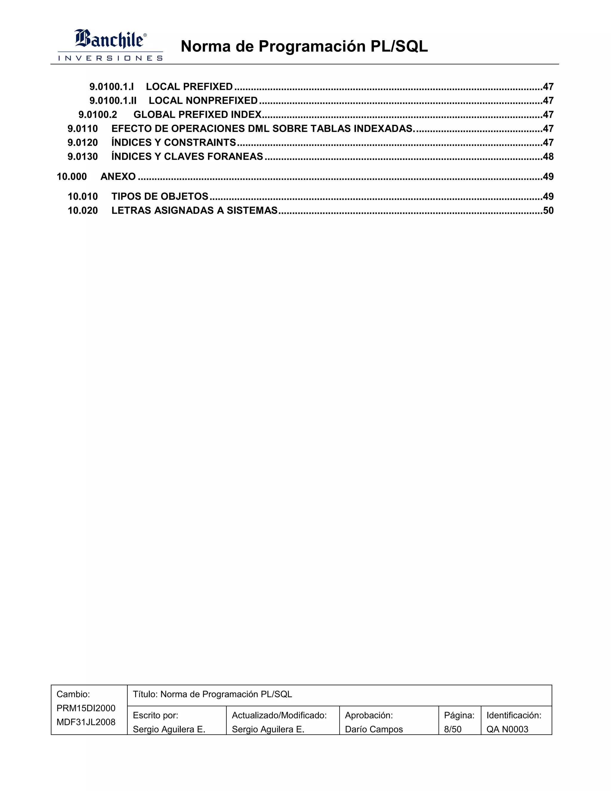 Norma de Programación PL/SQL

       9.0100.1.I LOCAL PREFIXED ................................................................................................................47
       9.0100.1.II LOCAL NONPREFIXED .......................................................................................................47
    9.0100.2     GLOBAL PREFIXED INDEX......................................................................................................47
  9.0110 EFECTO DE OPERACIONES DML SOBRE TABLAS INDEXADAS...............................................47
  9.0120 ÍNDICES Y CONSTRAINTS...............................................................................................................47
  9.0130 ÍNDICES Y CLAVES FORANEAS .....................................................................................................48

10.000     ANEXO ...................................................................................................................................................49

  10.010       TIPOS DE OBJETOS.........................................................................................................................49
  10.020       LETRAS ASIGNADAS A SISTEMAS................................................................................................50




Cambio:               Título: Norma de Programación PL/SQL
PRM15DI2000
                      Escrito por:                     Actualizado/Modificado:                Aprobación:                       Página:       Identificación:
MDF31JL2008
                      Sergio Aguilera E.               Sergio Aguilera E.                     Darío Campos                      8/50          QA N0003
 