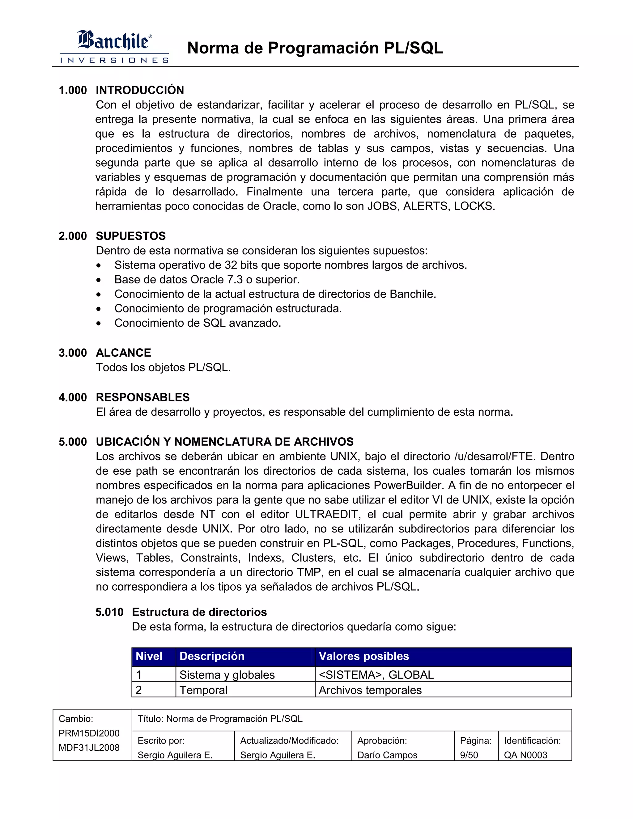 Norma de Programación PL/SQL

1.000 INTRODUCCIÓN
      Con el objetivo de estandarizar, facilitar y acelerar el proceso de desarrollo en PL/SQL, se
      entrega la presente normativa, la cual se enfoca en las siguientes áreas. Una primera área
      que es la estructura de directorios, nombres de archivos, nomenclatura de paquetes,
      procedimientos y funciones, nombres de tablas y sus campos, vistas y secuencias. Una
      segunda parte que se aplica al desarrollo interno de los procesos, con nomenclaturas de
      variables y esquemas de programación y documentación que permitan una comprensión más
      rápida de lo desarrollado. Finalmente una tercera parte, que considera aplicación de
      herramientas poco conocidas de Oracle, como lo son JOBS, ALERTS, LOCKS.

2.000 SUPUESTOS
      Dentro de esta normativa se consideran los siguientes supuestos:
      • Sistema operativo de 32 bits que soporte nombres largos de archivos.
      • Base de datos Oracle 7.3 o superior.
      • Conocimiento de la actual estructura de directorios de Banchile.
      • Conocimiento de programación estructurada.
      • Conocimiento de SQL avanzado.

3.000 ALCANCE
      Todos los objetos PL/SQL.

4.000 RESPONSABLES
      El área de desarrollo y proyectos, es responsable del cumplimiento de esta norma.

5.000 UBICACIÓN Y NOMENCLATURA DE ARCHIVOS
      Los archivos se deberán ubicar en ambiente UNIX, bajo el directorio /u/desarrol/FTE. Dentro
      de ese path se encontrarán los directorios de cada sistema, los cuales tomarán los mismos
      nombres especificados en la norma para aplicaciones PowerBuilder. A fin de no entorpecer el
      manejo de los archivos para la gente que no sabe utilizar el editor VI de UNIX, existe la opción
      de editarlos desde NT con el editor ULTRAEDIT, el cual permite abrir y grabar archivos
      directamente desde UNIX. Por otro lado, no se utilizarán subdirectorios para diferenciar los
      distintos objetos que se pueden construir en PL-SQL, como Packages, Procedures, Functions,
      Views, Tables, Constraints, Indexs, Clusters, etc. El único subdirectorio dentro de cada
      sistema correspondería a un directorio TMP, en el cual se almacenaría cualquier archivo que
      no correspondiera a los tipos ya señalados de archivos PL/SQL.

          5.010 Estructura de directorios
                De esta forma, la estructura de directorios quedaría como sigue:

                 Nivel      Descripción                      Valores posibles
                 1          Sistema y globales               <SISTEMA>, GLOBAL
                 2          Temporal                         Archivos temporales

Cambio:           Título: Norma de Programación PL/SQL
PRM15DI2000
                  Escrito por:          Actualizado/Modificado:    Aprobación:     Página:   Identificación:
MDF31JL2008
                  Sergio Aguilera E.    Sergio Aguilera E.         Darío Campos    9/50      QA N0003
 