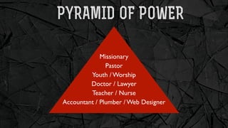 PYRAMID OF POWER

             Missionary
               Pastor
         Youth / Worship
         Doctor / Lawyer
         Teacher / Nurse
Accountant / Plumber / Web Designer
 