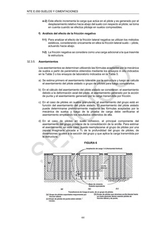 NTE E.050 SUELOS Y CIMENTACIONES
44
e-2) Este efecto incrementa la carga que actúa en el pilote y es generado por el
desplazamiento relativo hacia abajo del suelo con respecto al pilote; se toma
en cuenta cuando se efectúa pilotaje en suelos compresibles.
f) Análisis del efecto de la fricción negativa
f-1) Para analizar el efecto de la fricción lateral negativa se utilizan los métodos
estáticos, considerando únicamente en ellos la fricción lateral suelo – pilote,
actuando hacia abajo.
f-2) La fricción negativa se considera como una carga adicional a la que trasmite
la estructura.
32.3.5. Asentamientos
Los asentamientos se determinan utilizando las fórmulas aceptadas por la mecánica
de suelos a partir de parámetros obtenidos mediante los ensayos in situ indicados
en la Tabla 3 o los ensayos de laboratorio indicados en la Tabla 5.
a) Se estima primero el asentamiento tolerable por la estructura y luego se calcula
el asentamiento del pilote aislado o grupo de pilotes para luego compararlos.
b) En el cálculo del asentamiento del pilote aislado se consideran: el asentamiento
debido a la deformación axial del pilote, el asentamiento generado por la acción
de punta y el asentamiento generado por la carga transmitida por fricción.
c) En el caso de pilotes en suelos granulares, el asentamiento del grupo está en
función del asentamiento del pilote aislado. El asentamiento del pilote aislado
puede determinarse preliminarmente mediante las fórmulas aceptadas por la
mecánica de suelos y luego de la prueba de carga debe veriﬁcarse el
asentamiento empleando los resultados obtenidos de ella.
d) En el caso de pilotes en suelo cohesivo, el principal componente del
asentamiento del grupo proviene de la consolidación de la arcilla. Para estimar
el asentamiento, en este caso, puede reemplazarse al grupo de pilotes por una
zapata imaginaria ubicada a 2/3 de la profundidad del grupo de pilotes, de
dimensiones iguales a la sección del grupo y que aplica la carga transmitida por
la estructura.
FIGURA 6
 